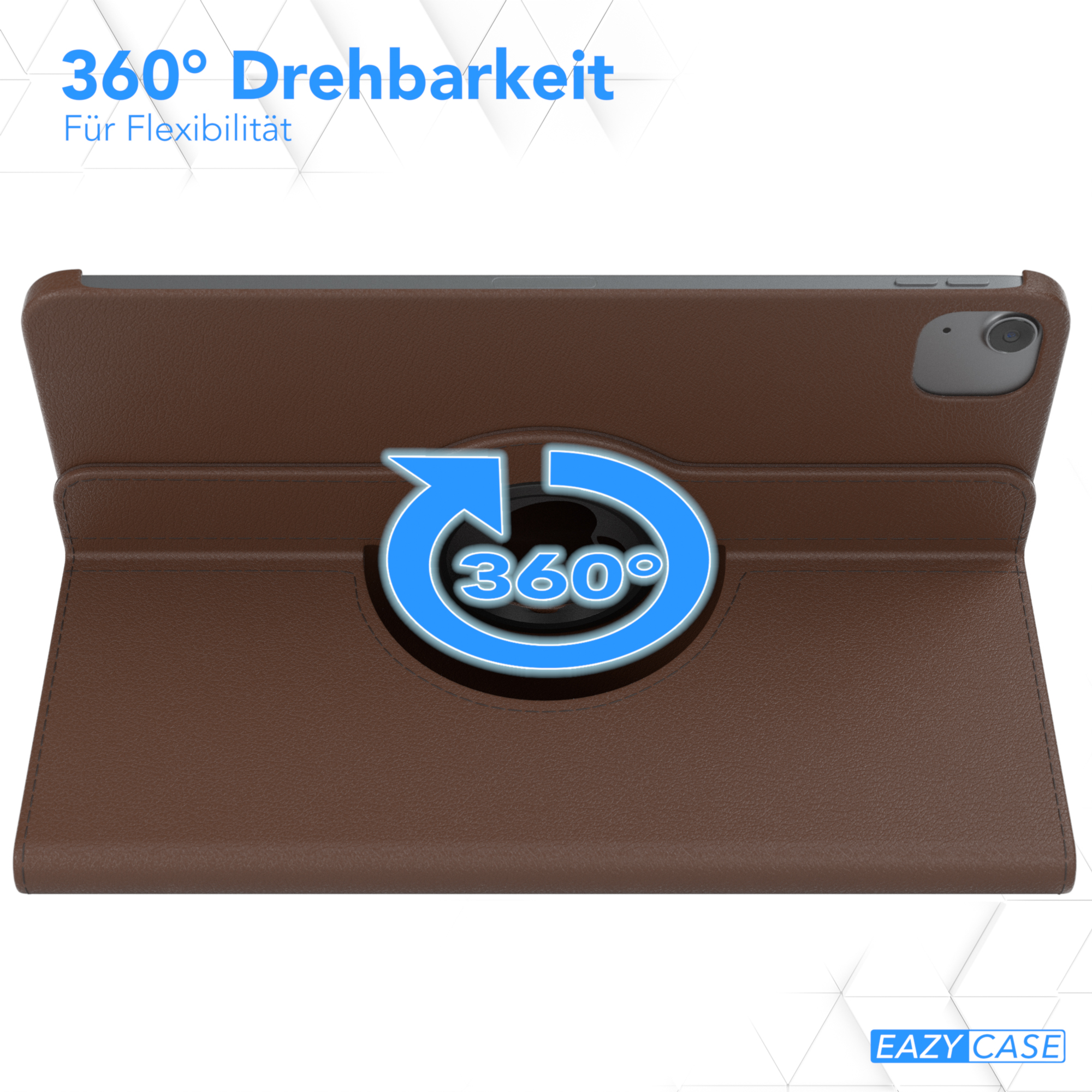 Braune Tablet-Hülle mit Drehfunktion. Text: 360° und EAZY CASE.