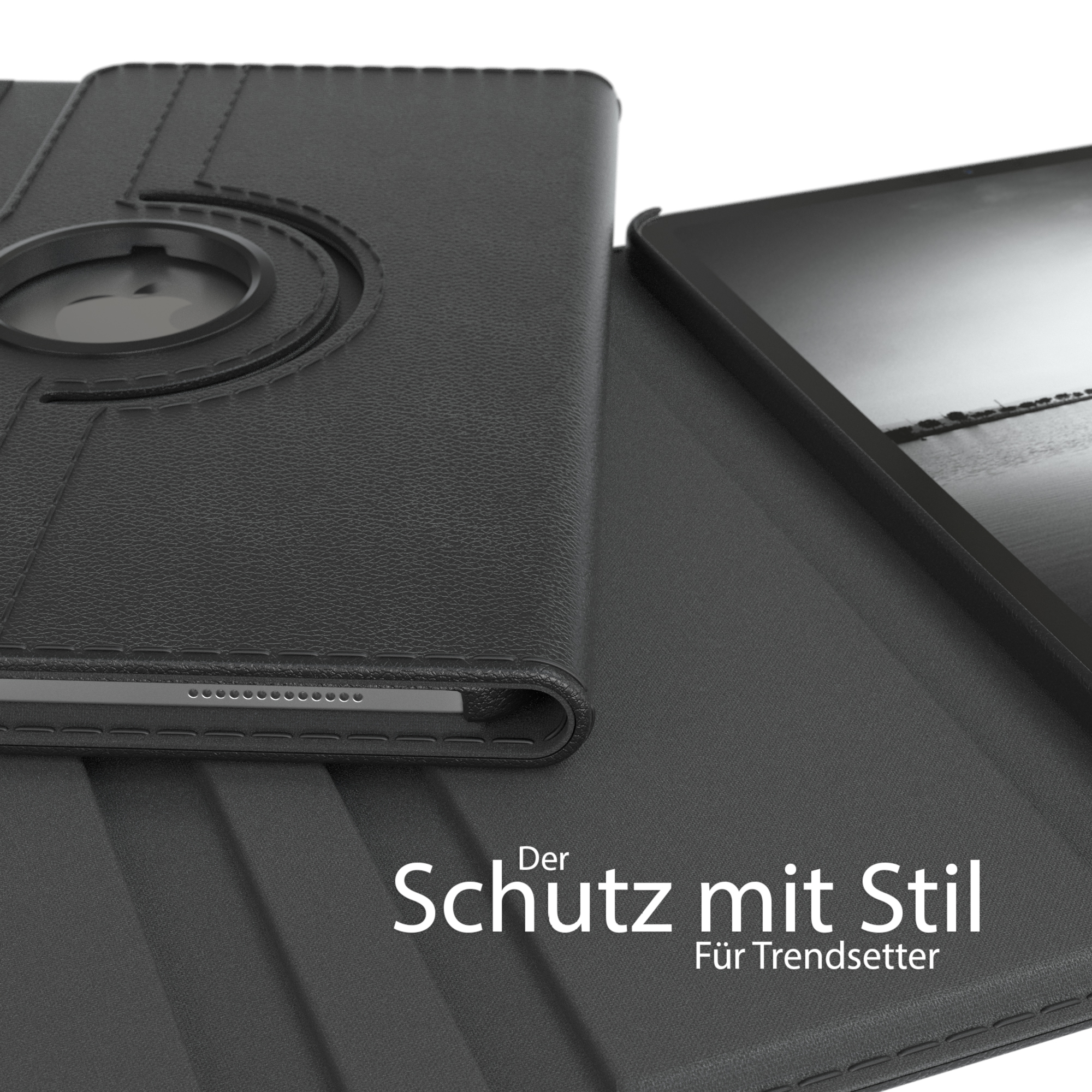 Schwarze Tablethülle mit einem schwarzen Tablet darin. Die Abdeckung ist geöffnet, das Tablet ist zu sehen.