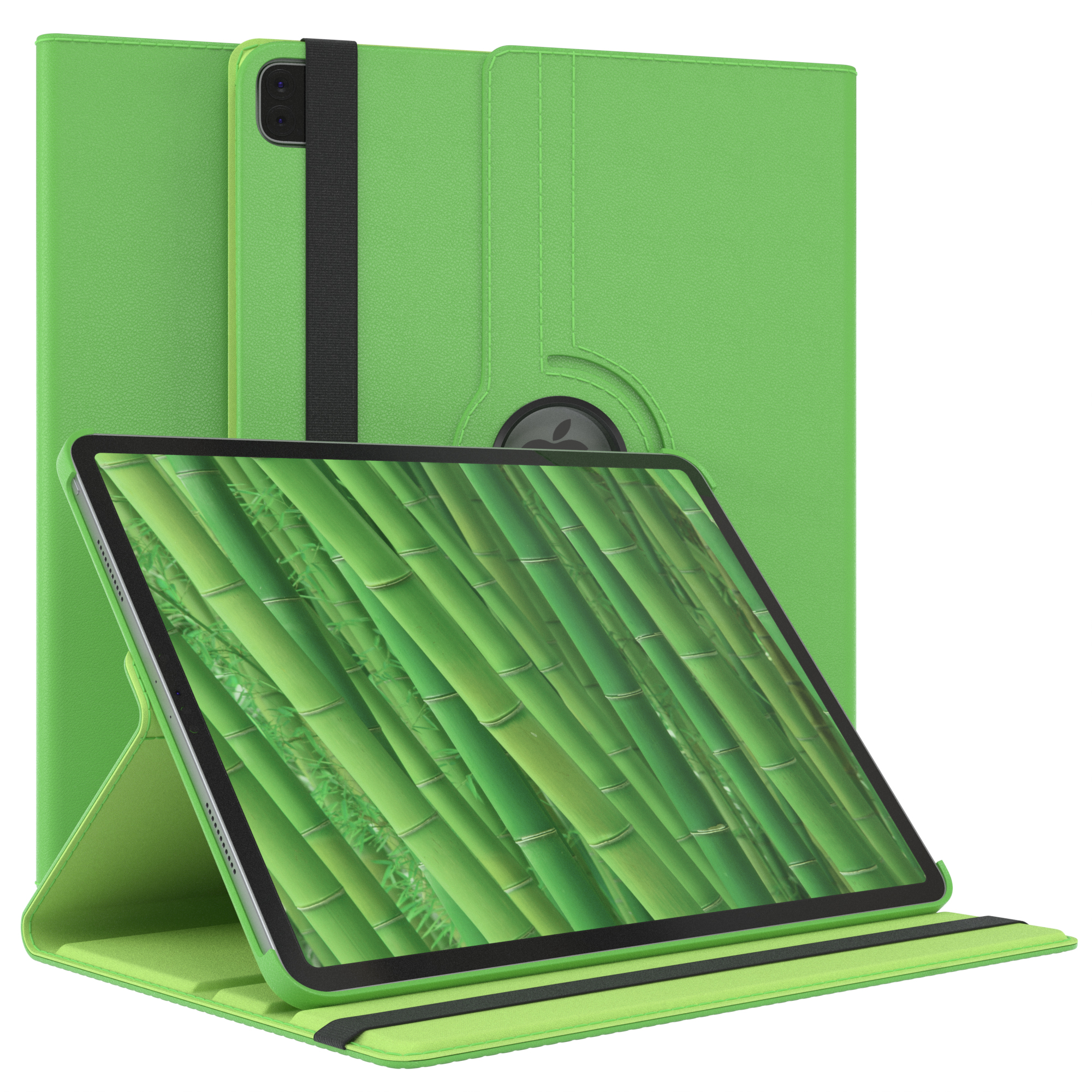 Ein grünes Tablet in einer grünen Hülle, das einen Bambushintergrund auf dem Bildschirm zeigt.