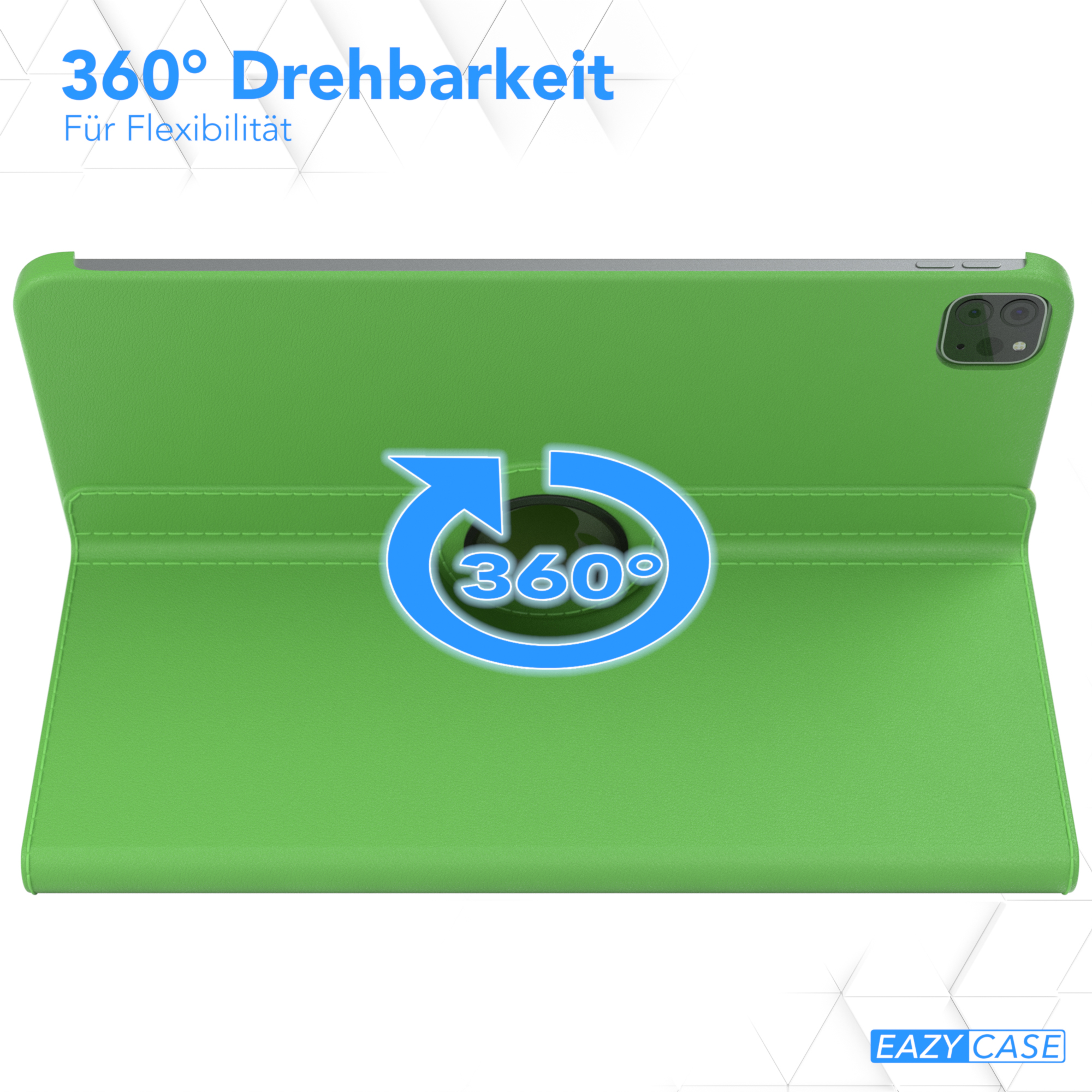Grüne Tablet-Hülle mit drehbarem Design und Text über Flexibilität.