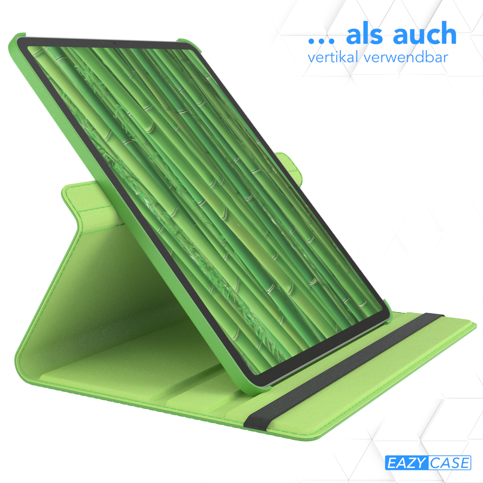 Eine grüne Tablethülle mit einem Tablet, das einen Bambuswald zeigt, mit dem Text 'EAZY CASE'.