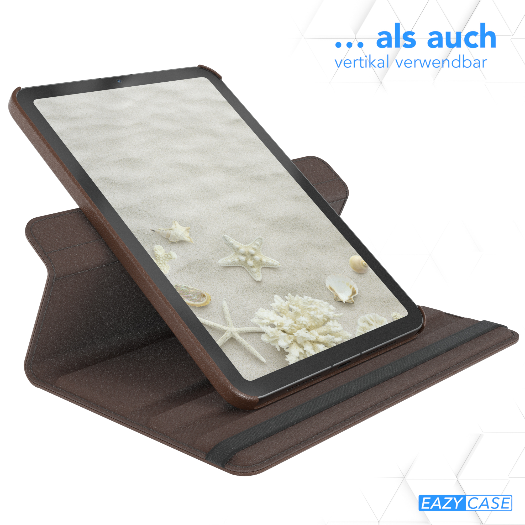 Tablet in brauner Hülle mit Strandszene auf dem Bildschirm. Muscheln und Sand sind sichtbar.