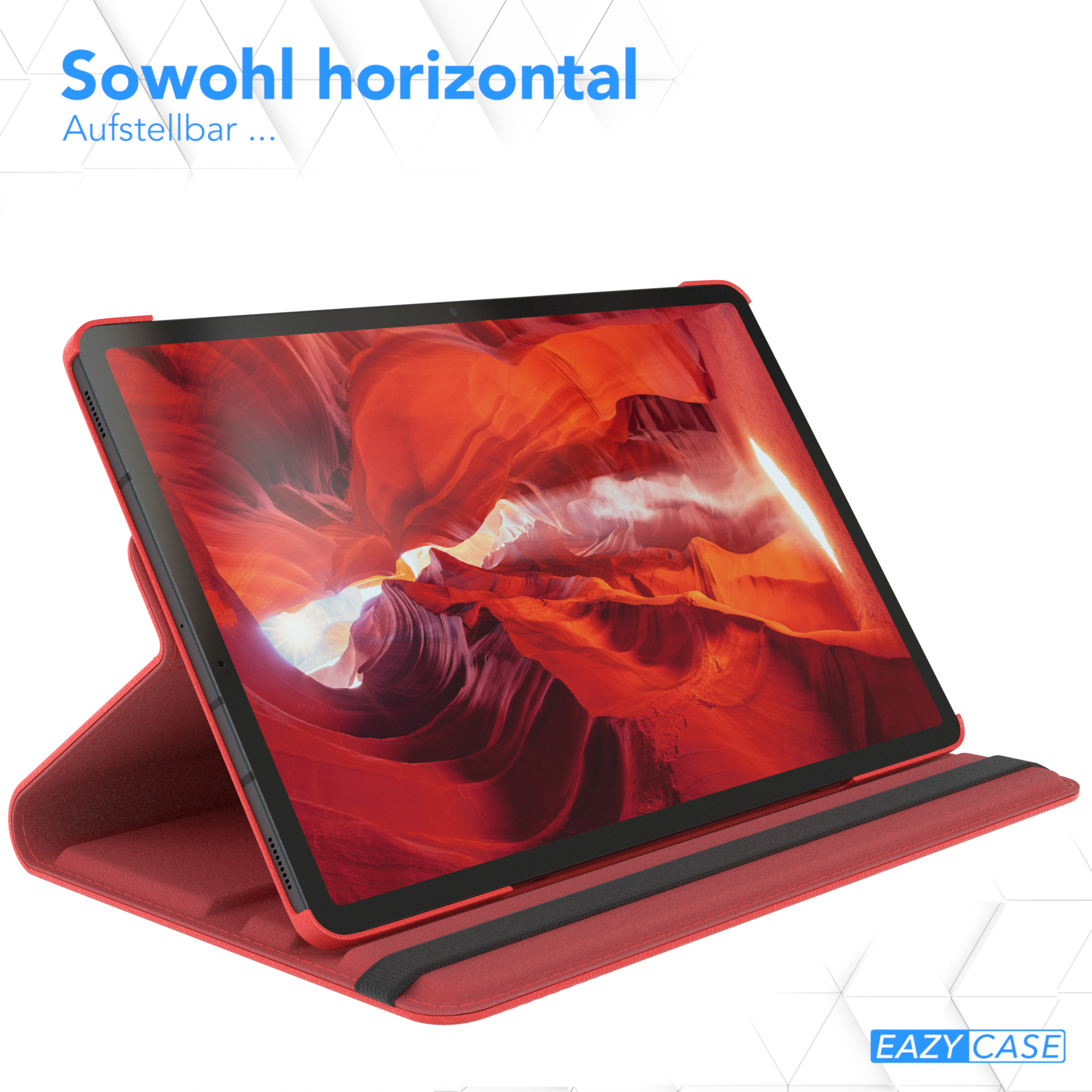 Tablet-Hülle mit roter Außenseite, offen, zeigt den Tablet-Bildschirm. Text: 'Sowohl horizontal als auch vertikal'.