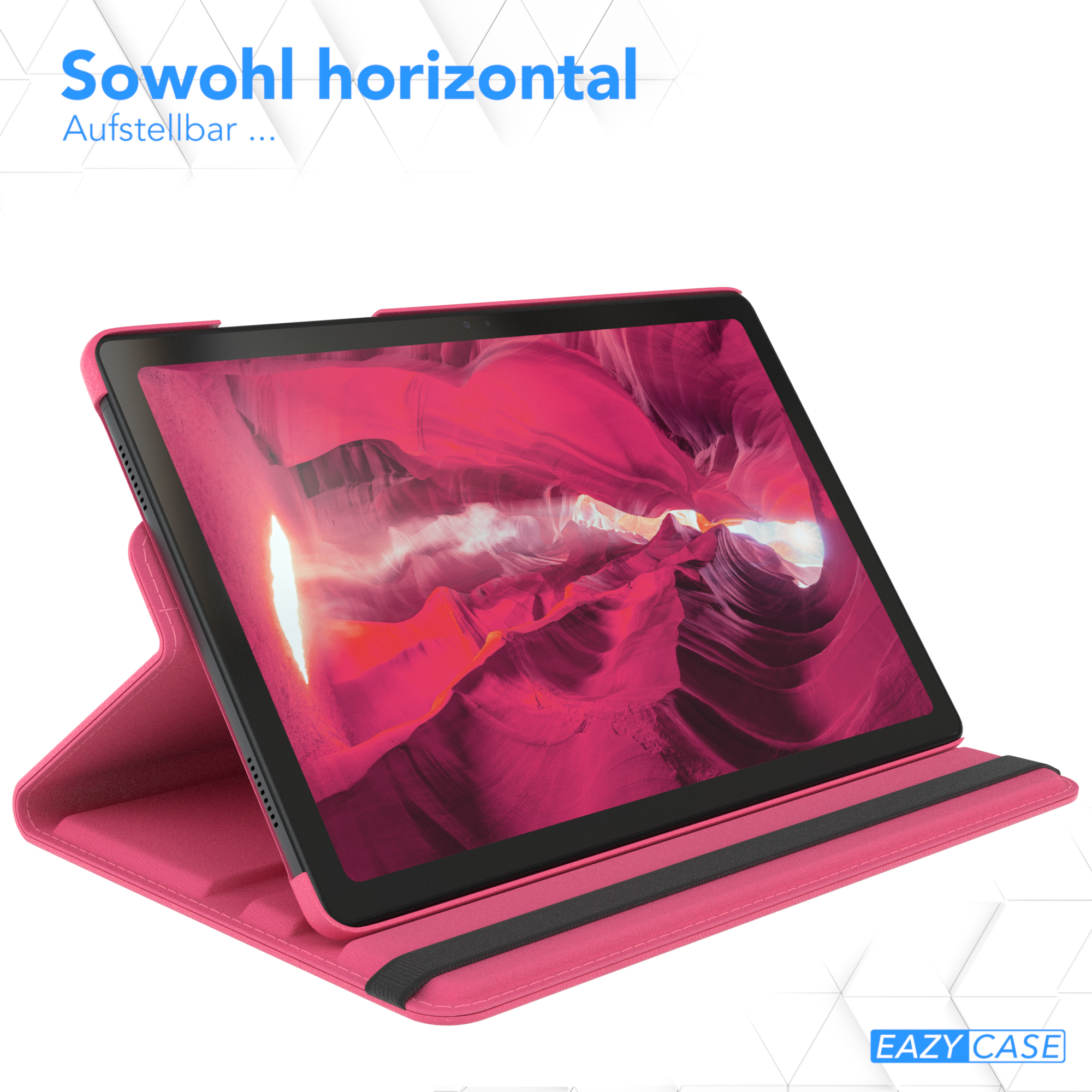 Ein Tablet liegt in einer rosa Hülle. Die Hülle ist offen und hat einen Ständer.