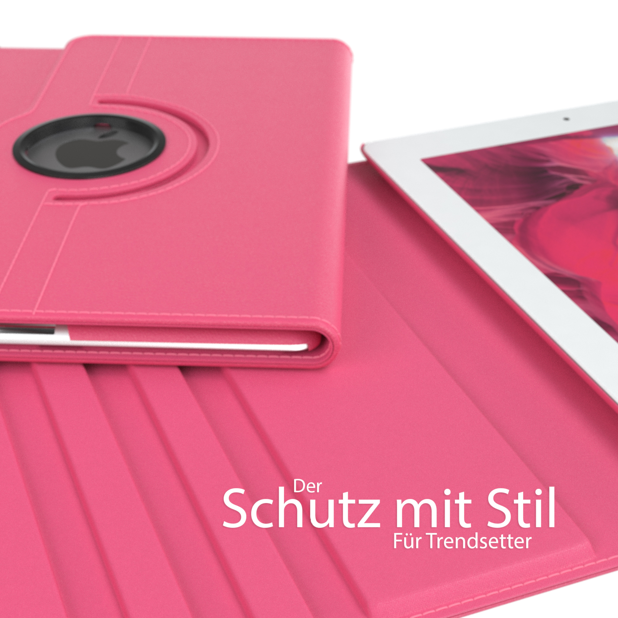 Eine pinke Tablethülle mit schwarzem Kamera Loch. Text: 'Der Schutz mit Stil'.