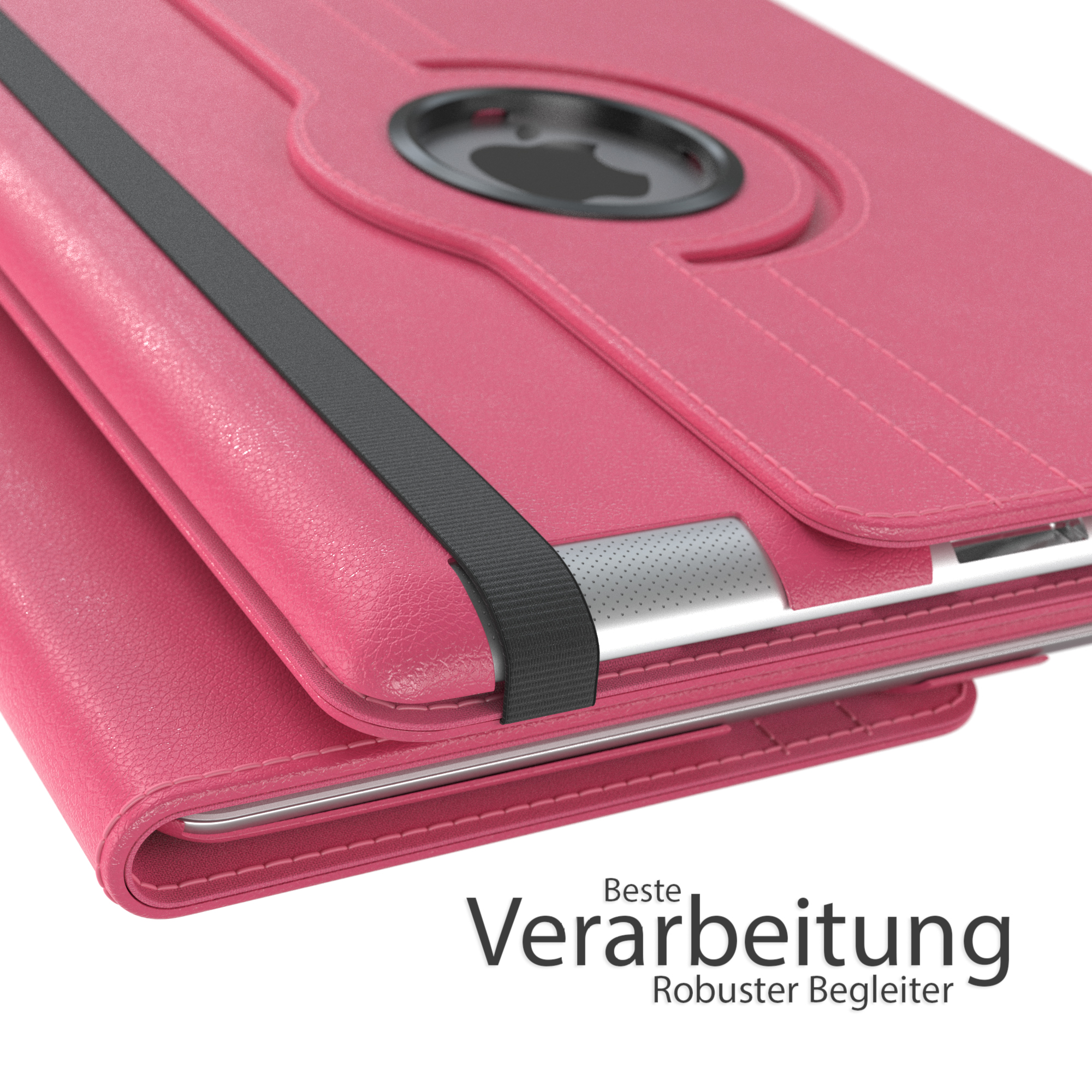 Eine rosa Tablethülle mit einem schwarzen Band. Text unten.