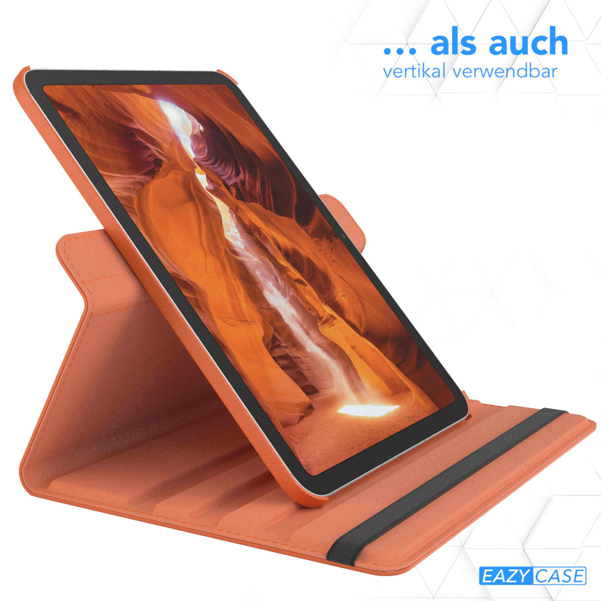 Orangefarbenes Tablet in einem Ständer mit einem Bildschirm, der eine orangefarbene Canyon-Szene zeigt.