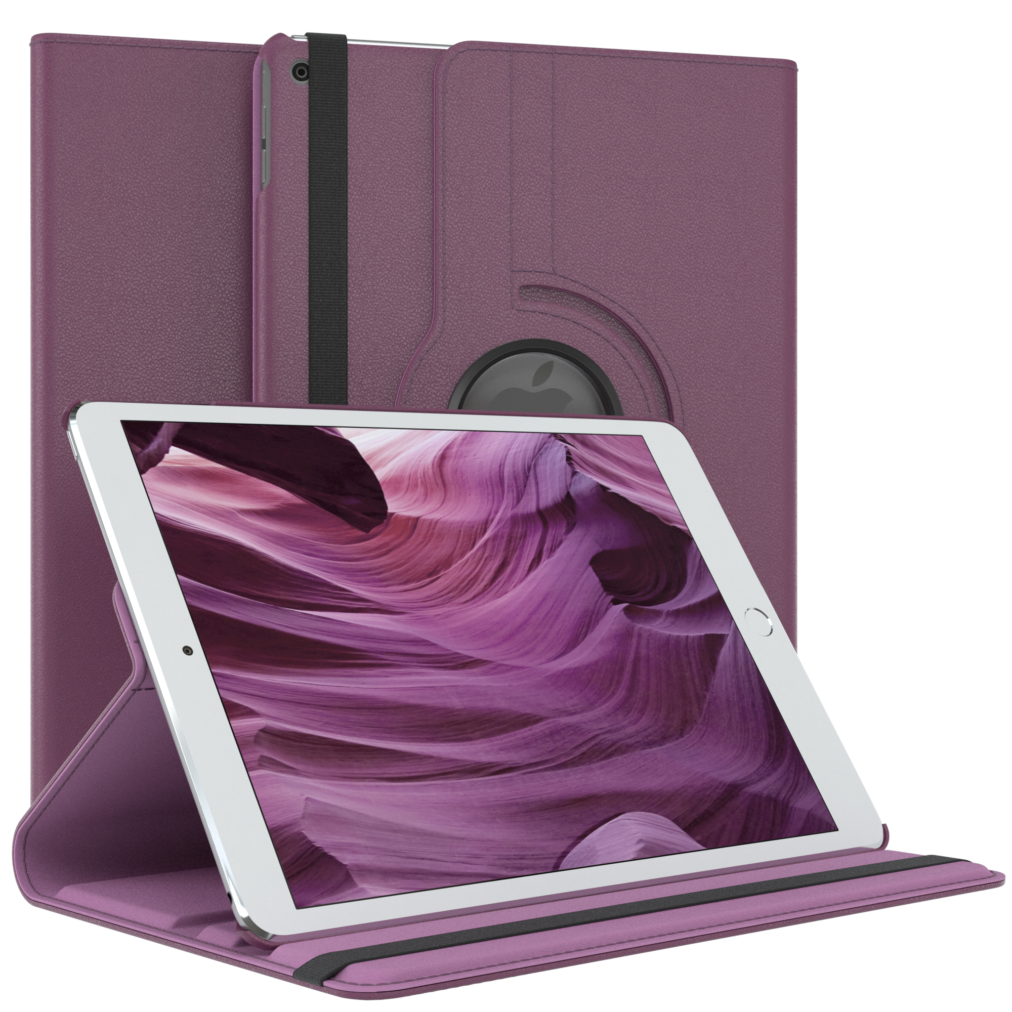 Lila Tablet-Etui und ein Tablet. Etui hat drehbare Basis. Tablet hat weißen Rahmen und Bildschirm.