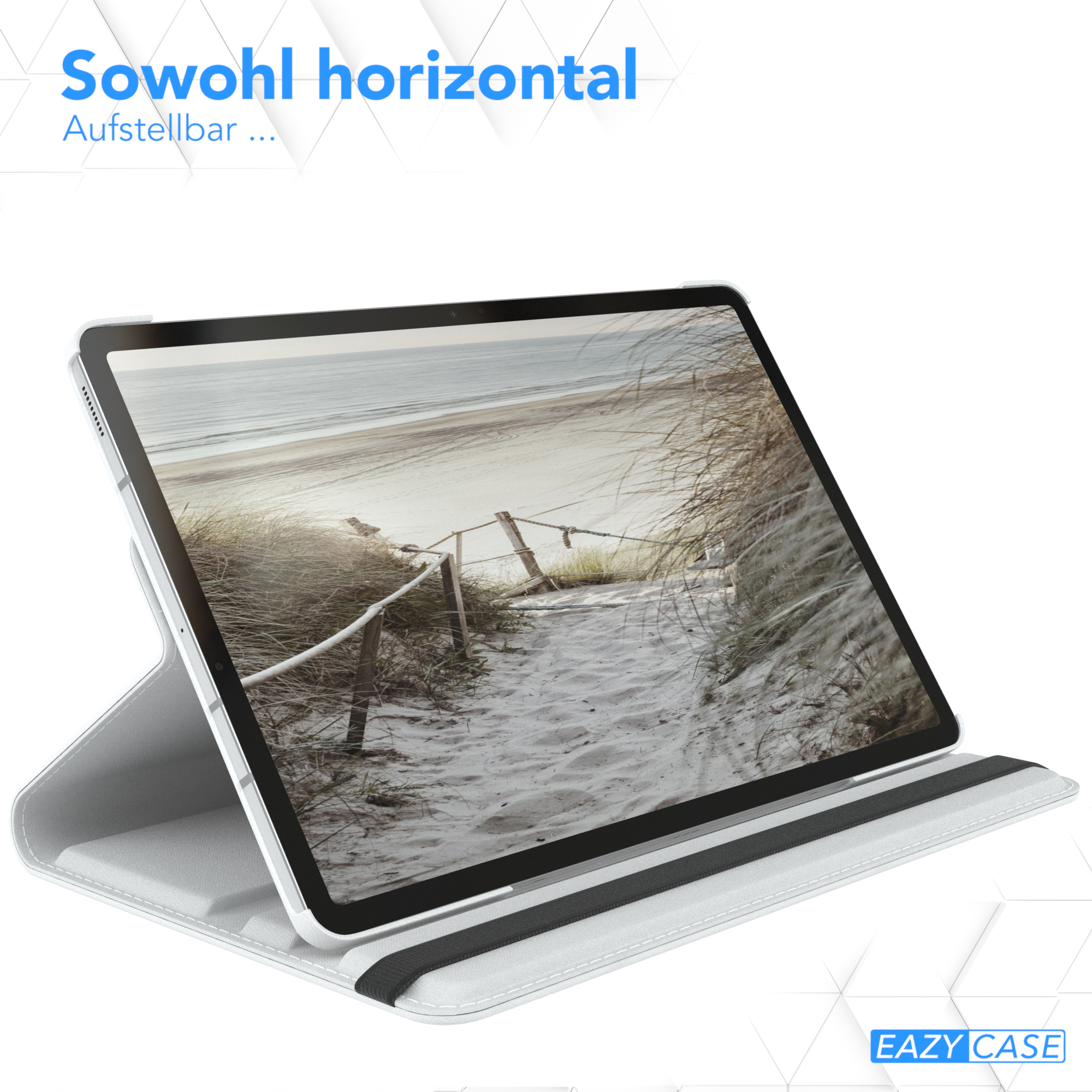 Tablet mit Hülle. Der Bildschirm zeigt eine Strandszene. Oben steht 'Sowohl horizontal'.