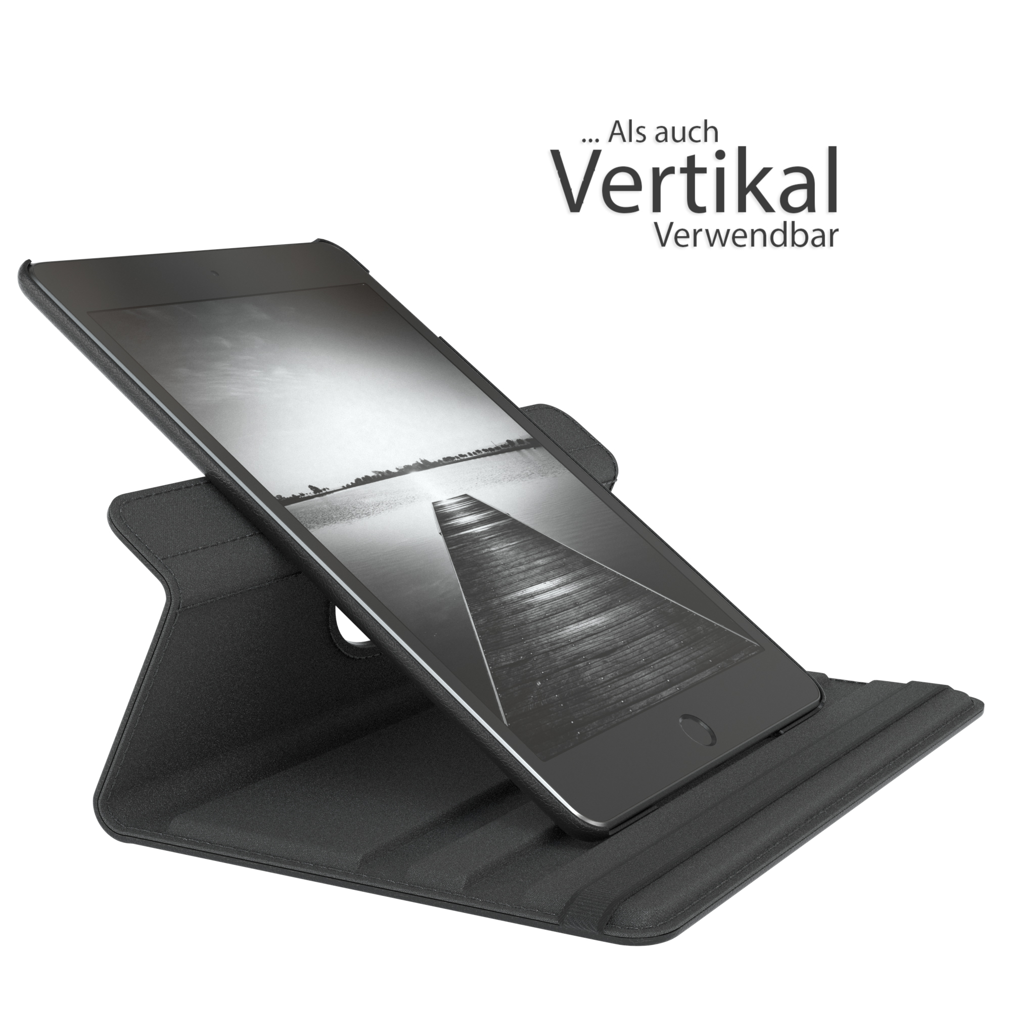 Tablet in schwarzer Hülle, angewinkelt. Text: „Vertikal Verwendbar“.