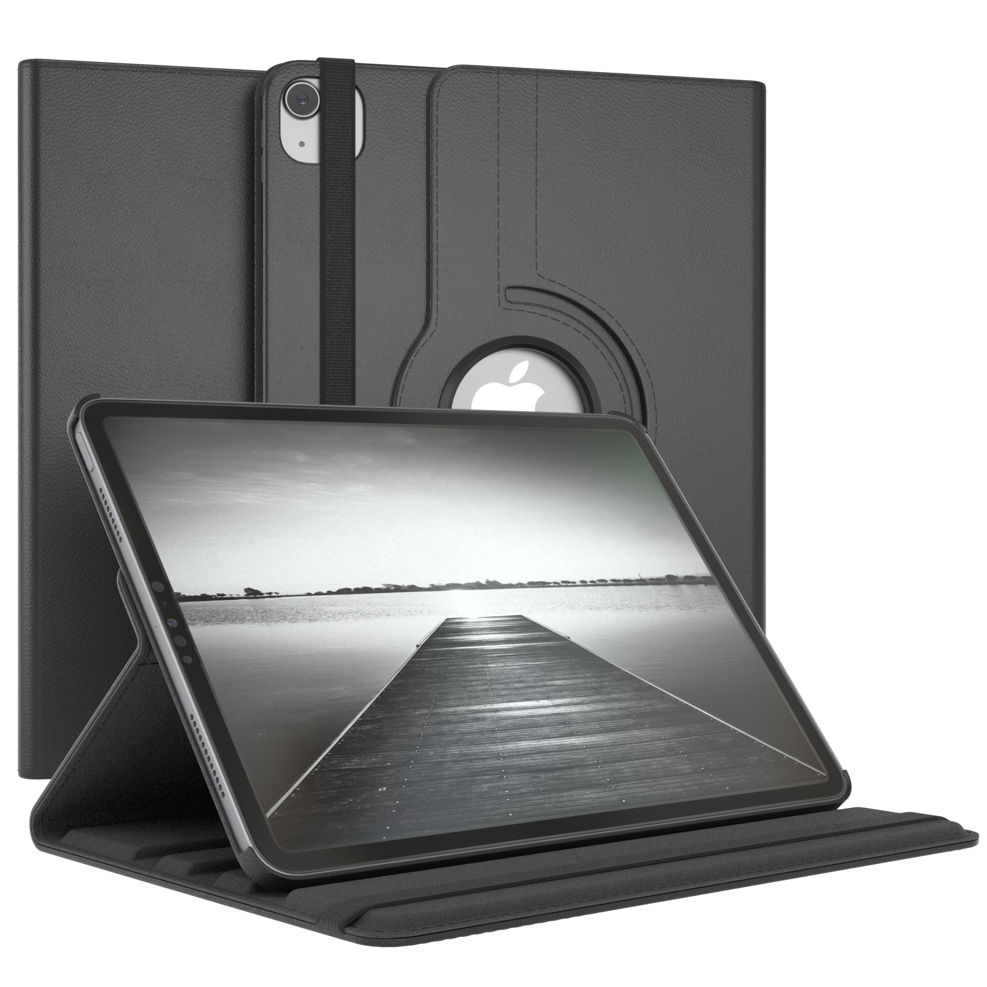 Tablet in Hülle mit Ständer. Rückseite der Hülle sichtbar. Weißer Hintergrund.