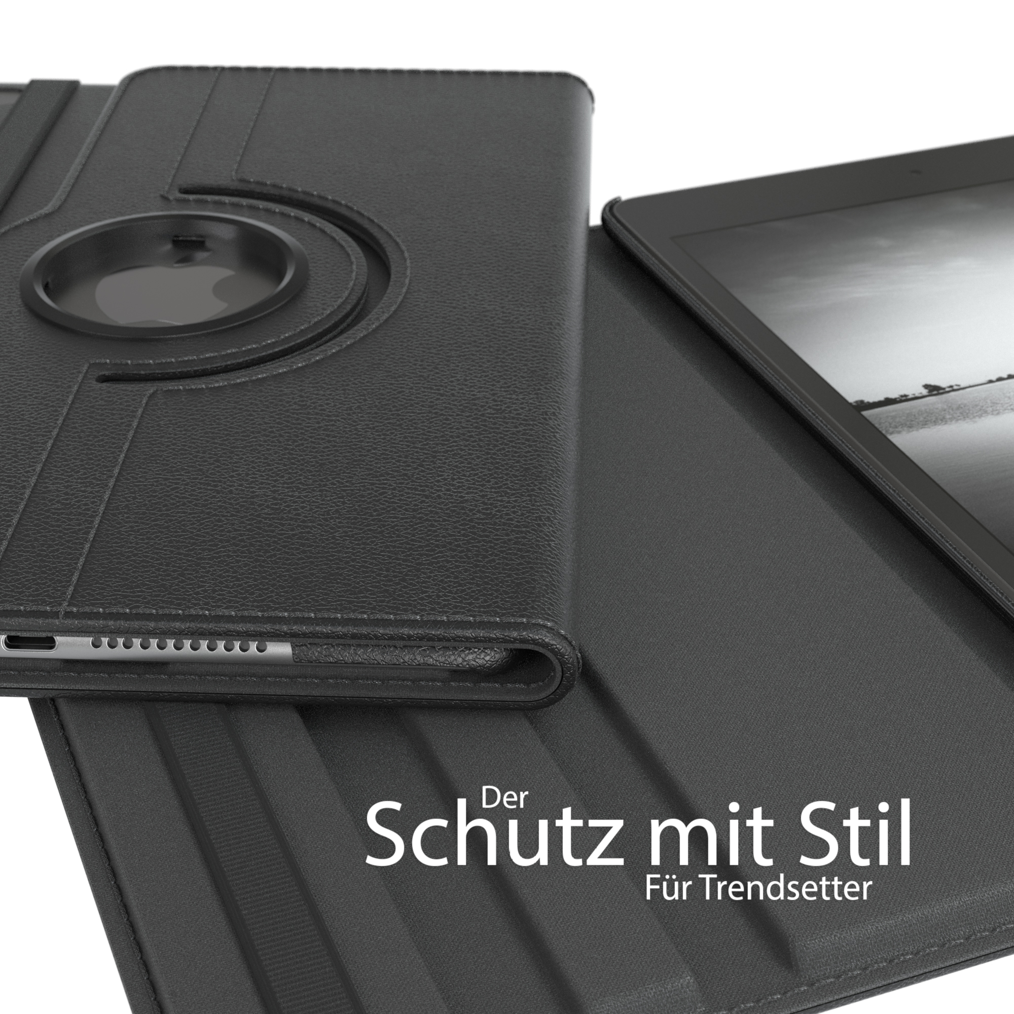 Eine schwarze Tablethülle mit einem Tablet darin. Text lautet: 'Der Schutz mit Stil'.