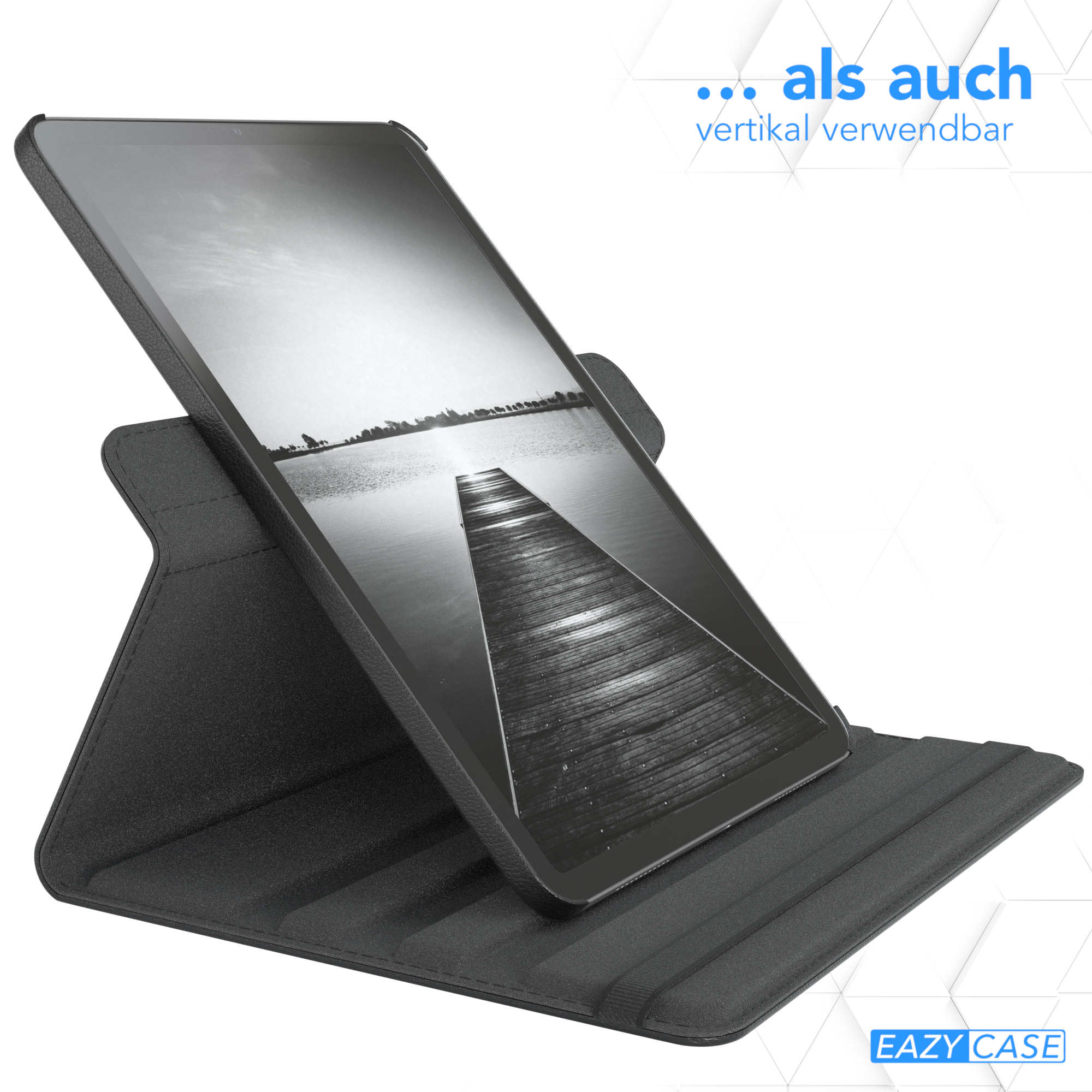 Schwarzes Tablet in einem schwarzen Ständer. Zeigt ein Dock. Weißer Text oben. Eazy Case Logo unten.