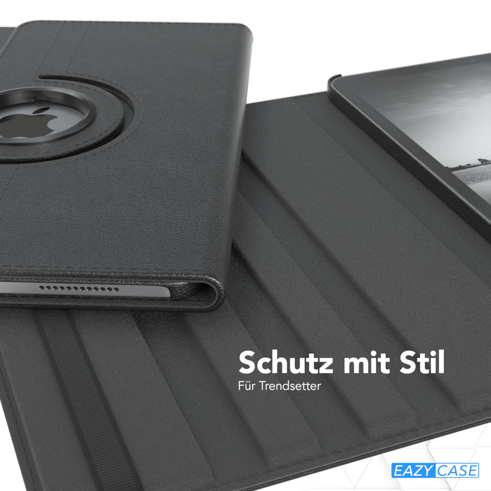 Schwarze Tablet-Hülle mit Apple-Logo. Die Hülle ist geöffnet. Der Hintergrund ist eine weiße Oberfläche.