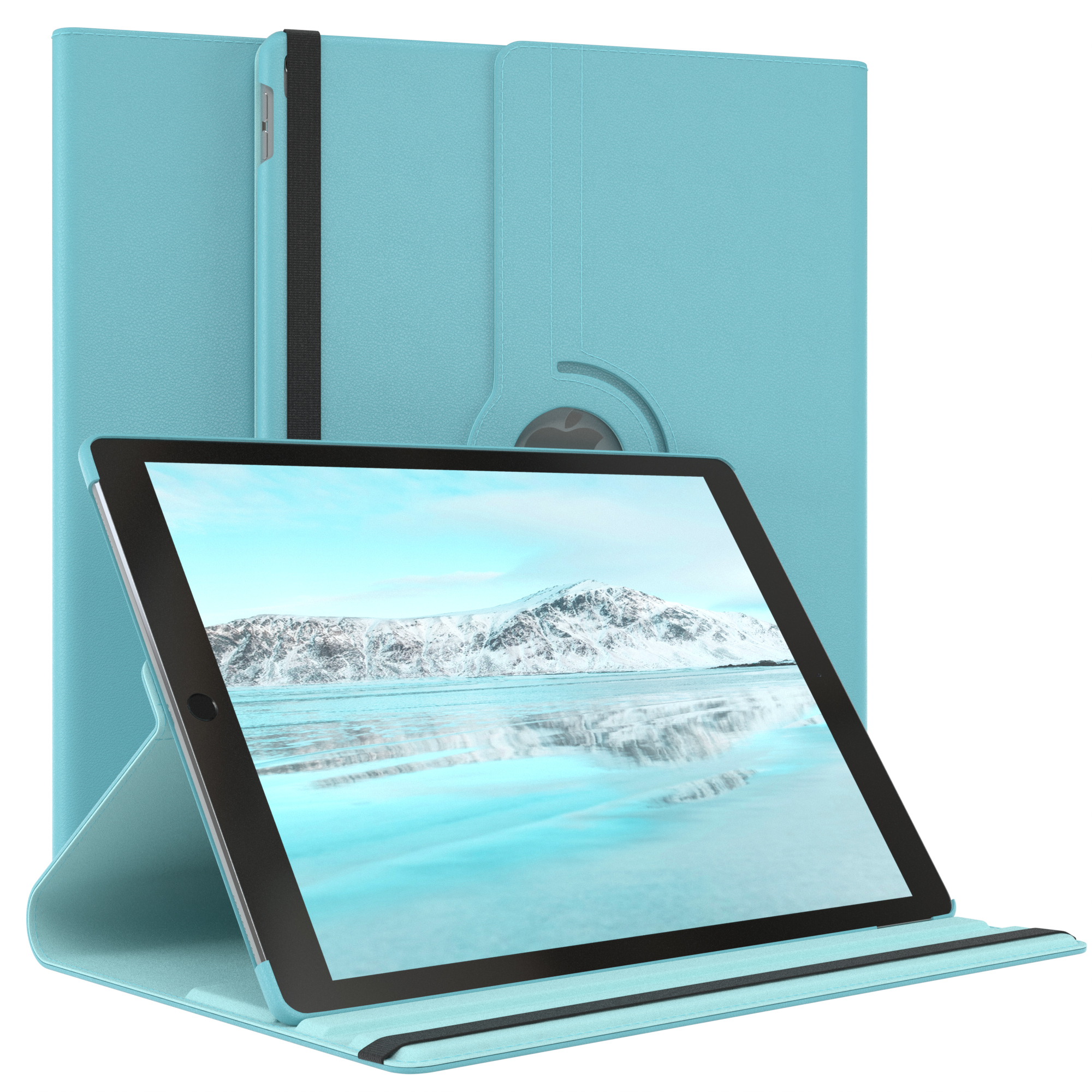 Blaue Tablet-Hülle offen, Tablet im Case. Schneelandschaft auf dem Bildschirm.