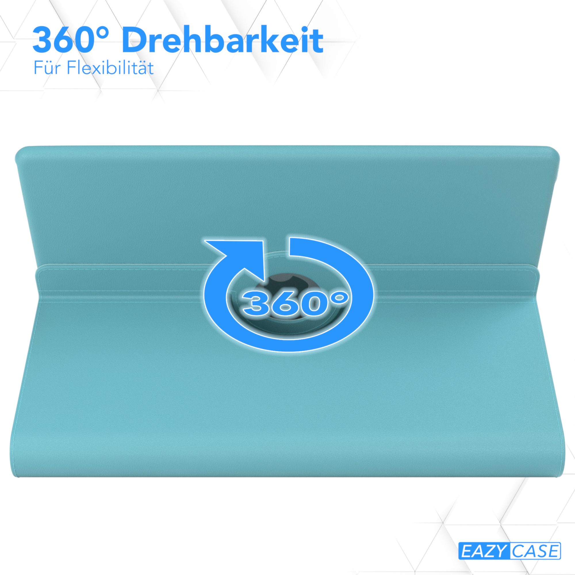 Blaue Tablet-Hülle mit 360-Grad-Drehfunktion, mit Pfeilsymbol.