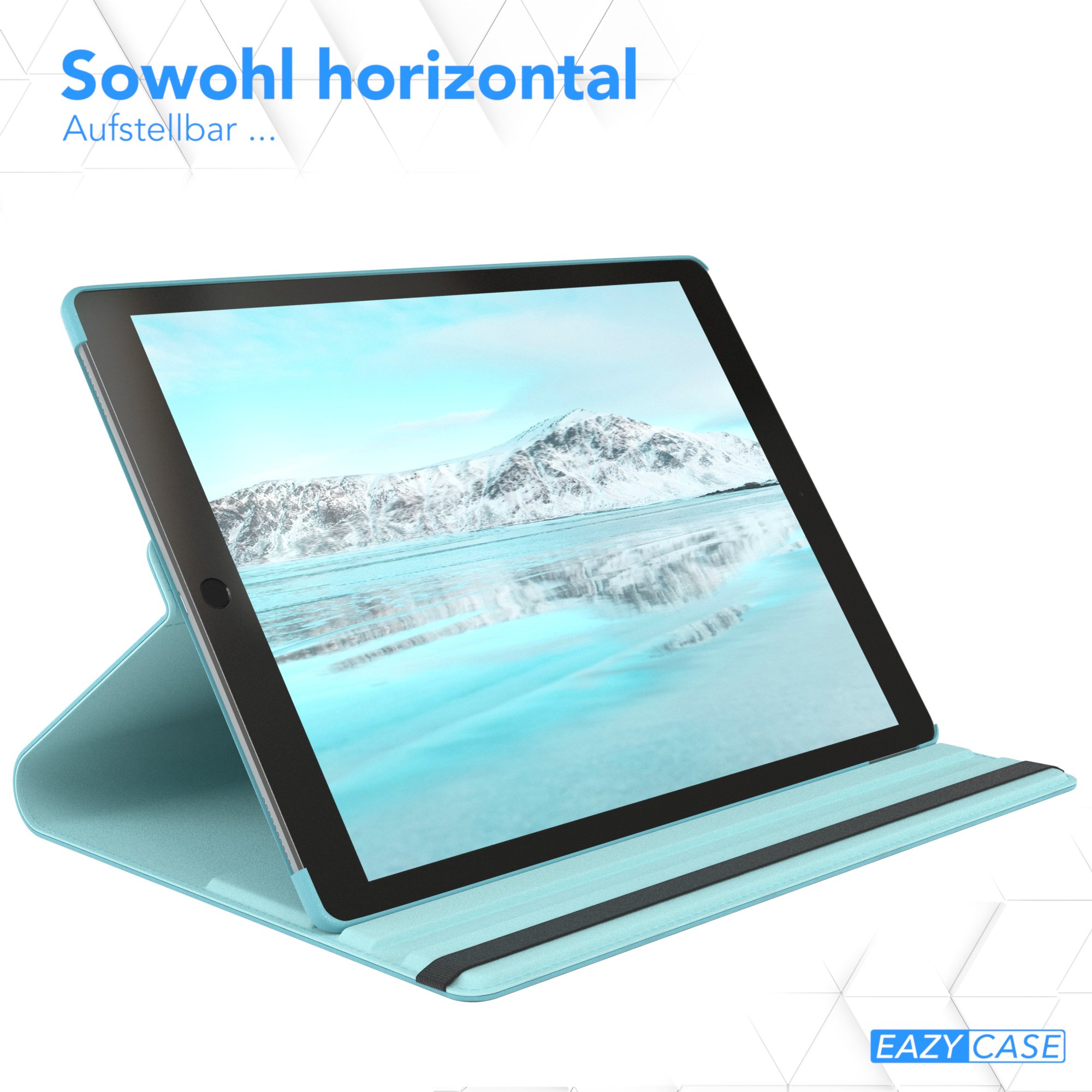 Ein Tablet in einer hellblauen Hülle, aufgestellt, mit Text darüber. Der Bildschirm zeigt ein Bild.