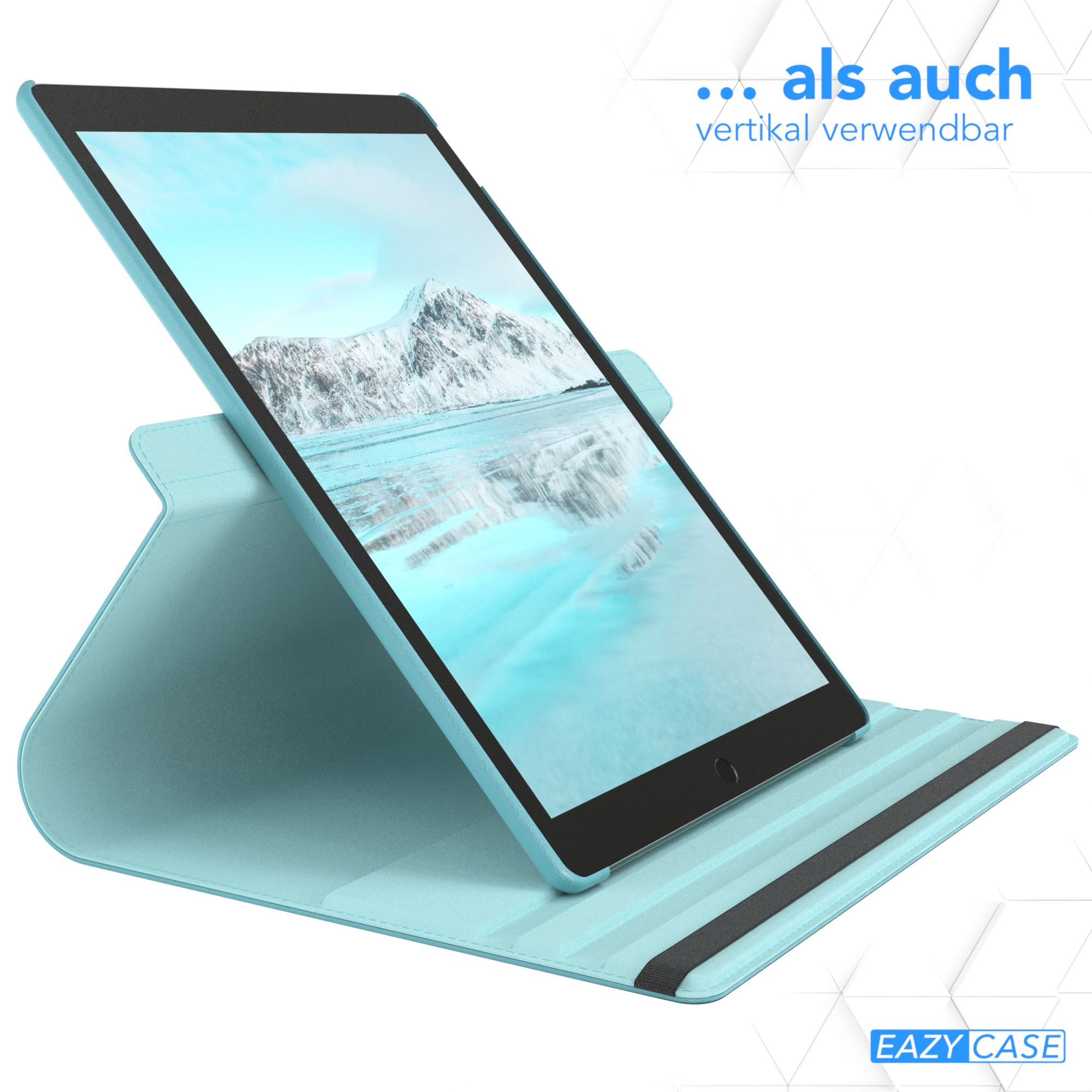 Eine hellblaue Tablethülle mit einem Tablet, das eine Landschaft zeigt.