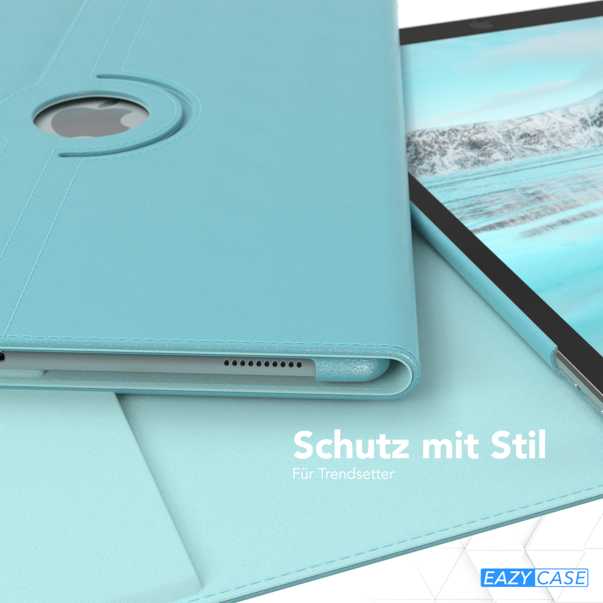 Eine blaue Tablethülle mit offener Klappe, die einen Tablet-Bildschirm vor weißem Hintergrund zeigt.