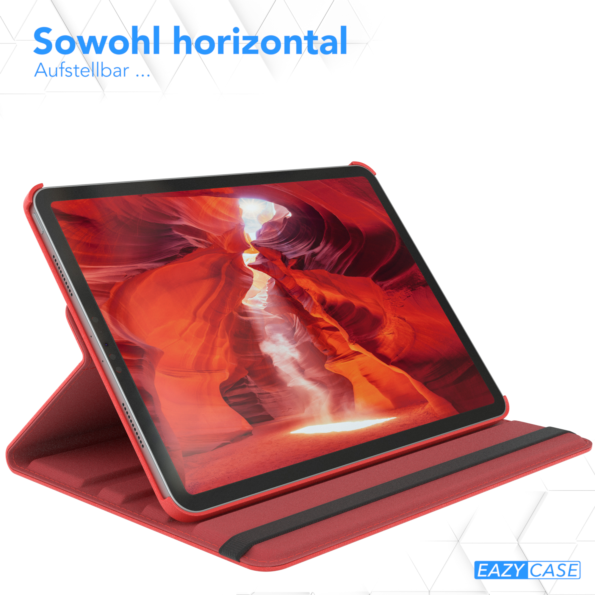 Rotes Tablet in roter Hülle, horizontal angezeigt. Text oben: 'Sowohl horizontal'.