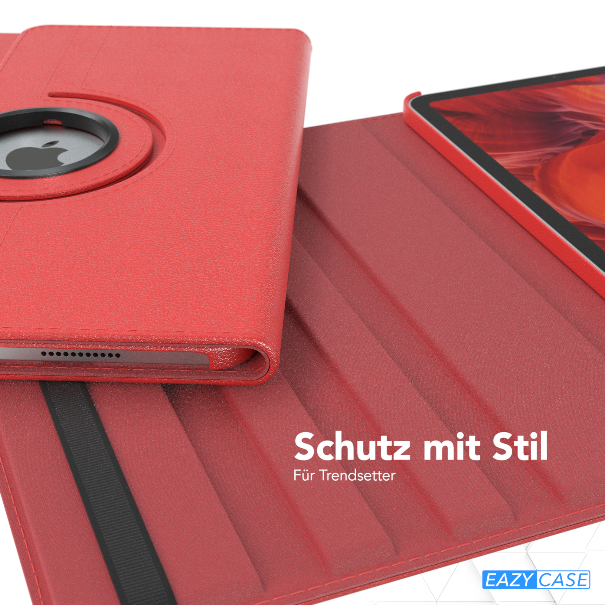 Eine rote Tablethülle mit dem Text 'Schutz mit Stil' und dem Logo 'EAZY CASE'.
