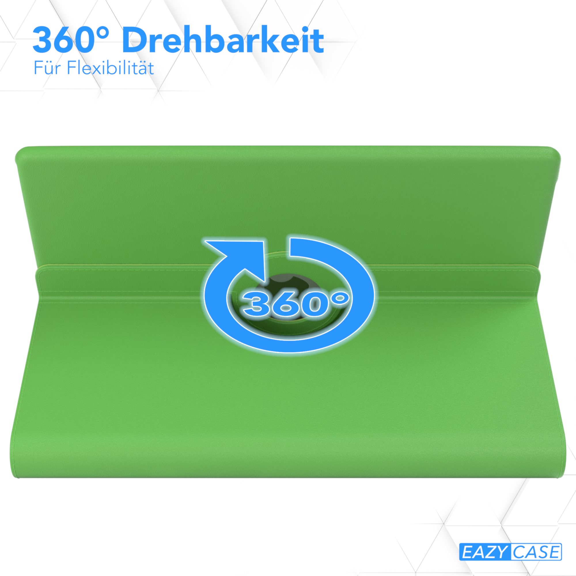 Grüne Tablethülle mit 360°-Drehung, Text '360° Drehbarkeit' und 'EAZY CASE'.