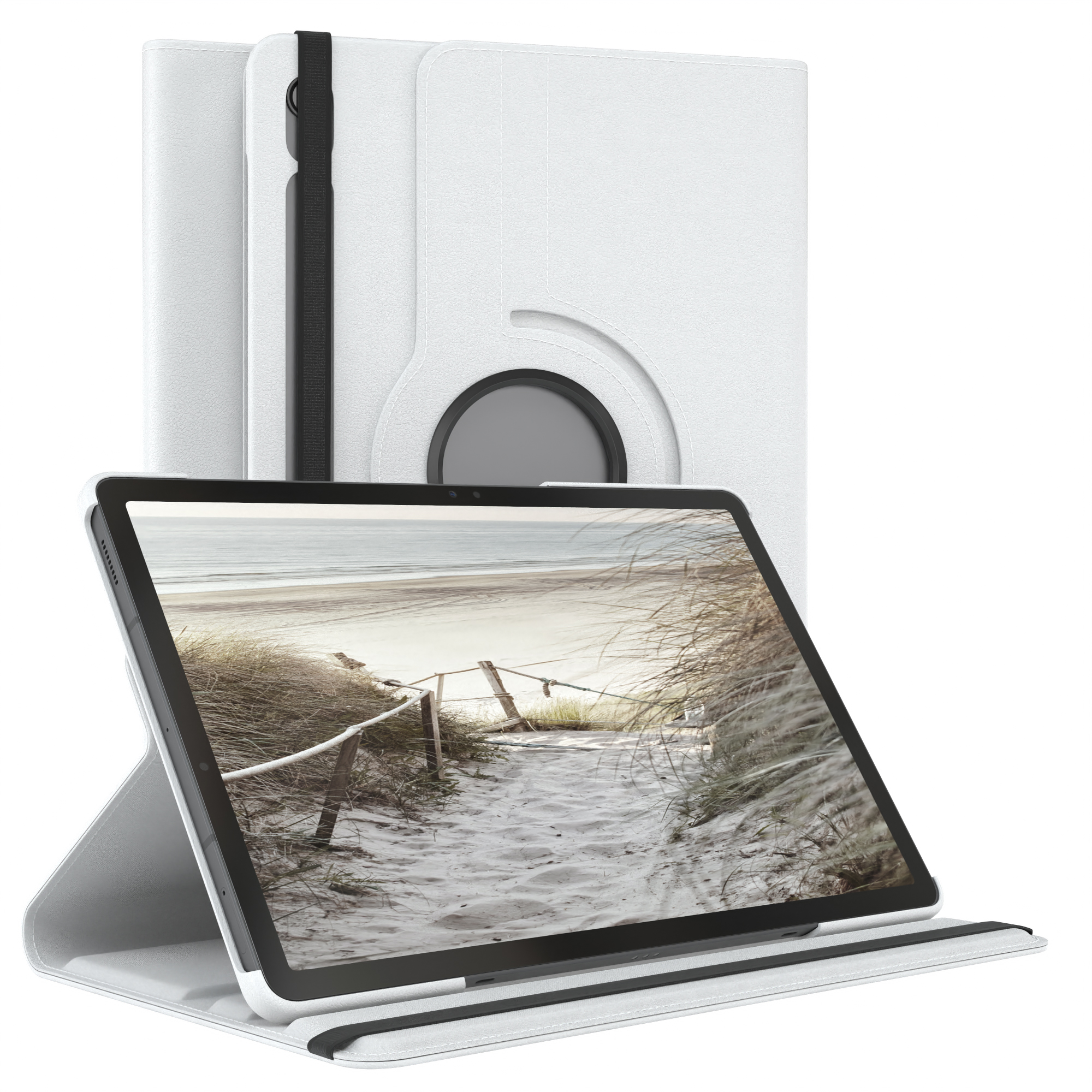 Weiße Tablethülle, geöffnet, um ein Tablet zu zeigen. Strandszene auf dem Tablet-Bildschirm.