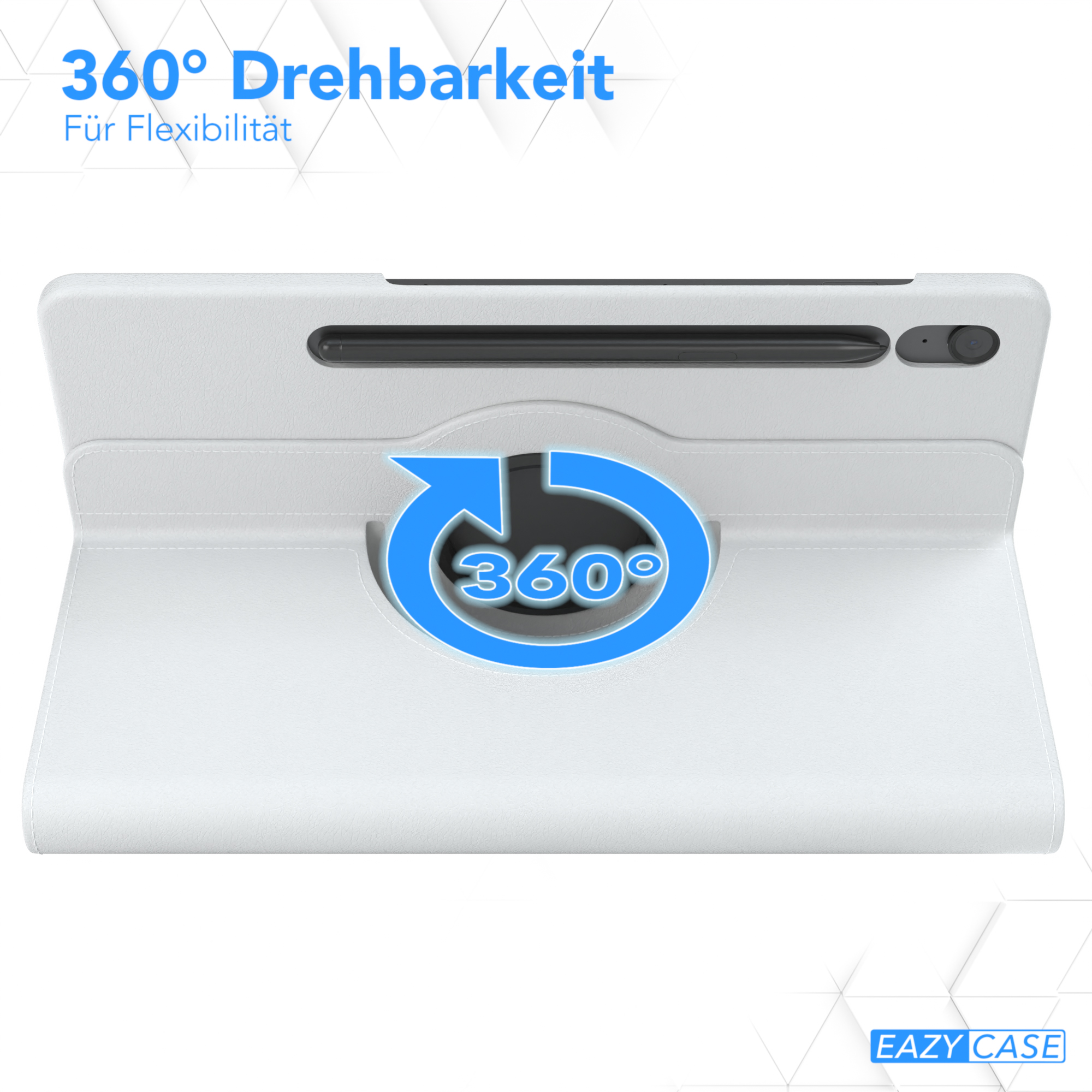 Weiße Tablet-Hülle mit drehbarem Design und Text über Flexibilität.