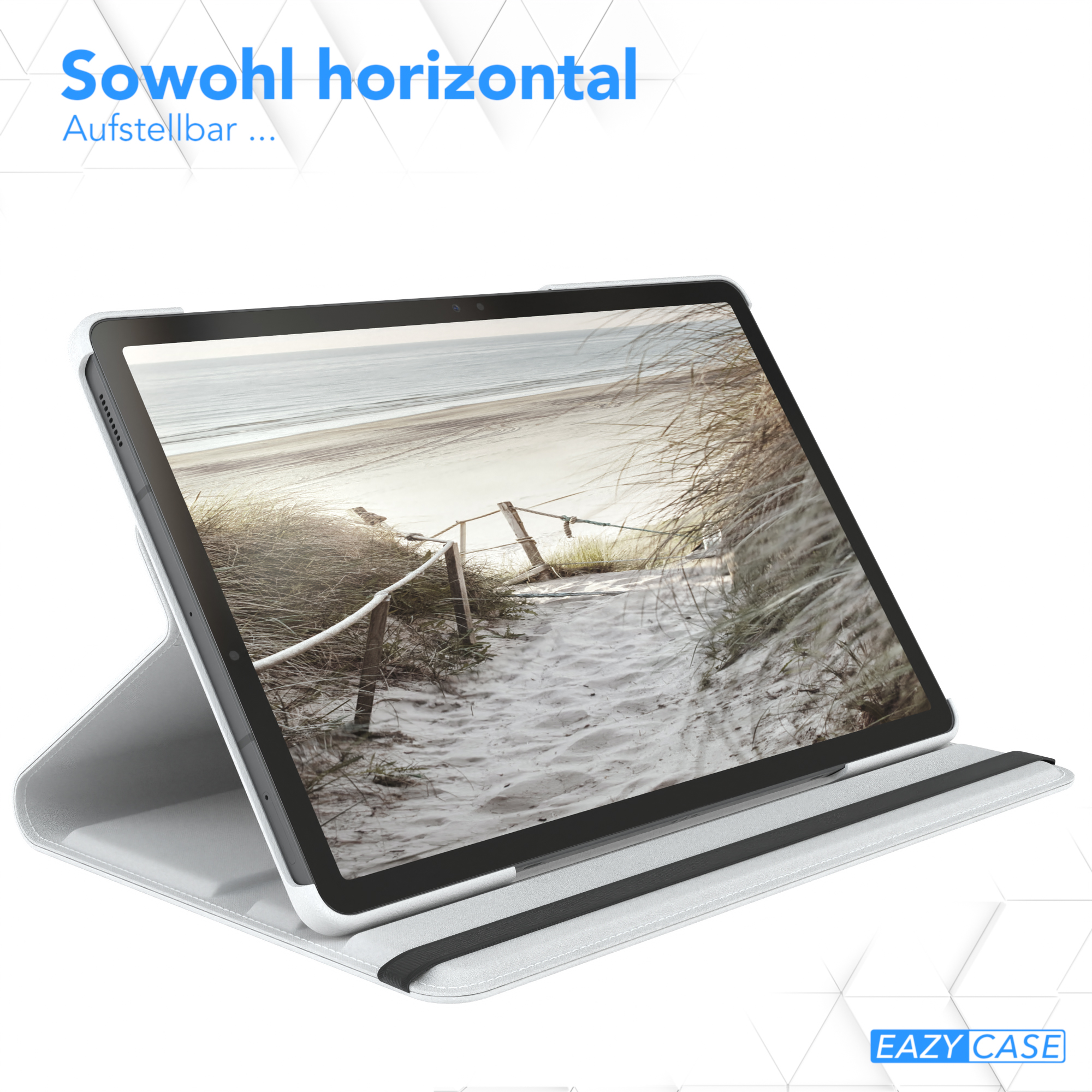 Tablet in einer weiß-grauen Hülle mit einer Strandszene auf dem Display.