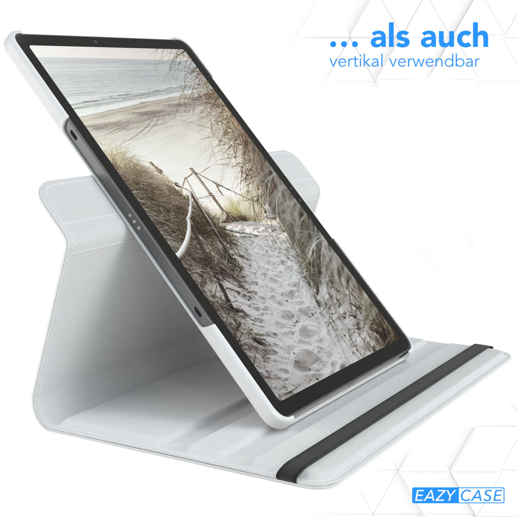 Tablet in weißer Hülle, Landschaftsbild auf dem Bildschirm, aufgestellt. Text auf Deutsch.