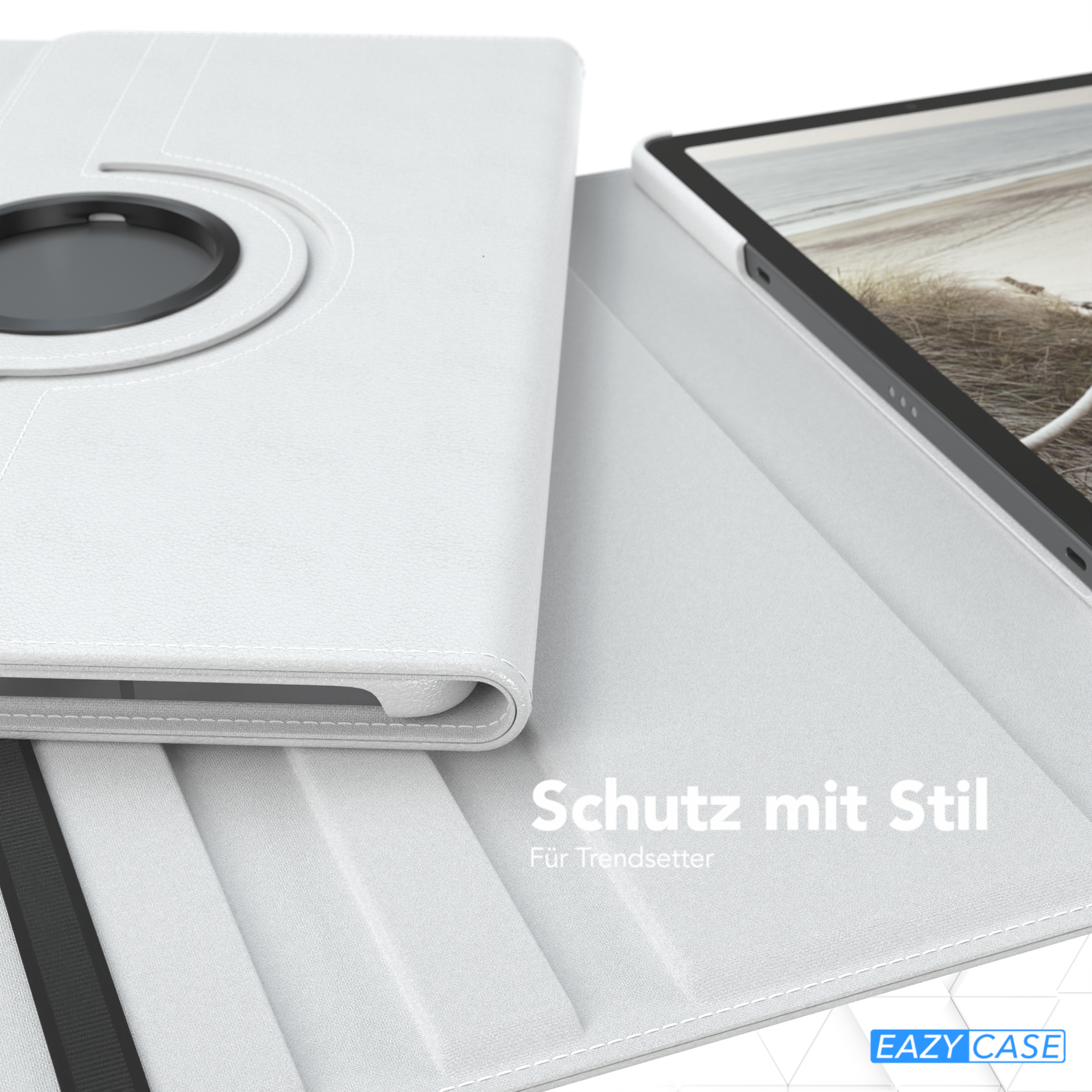 Geöffnete weiße Tablethülle mit einem Tablet darin. Der Text 'Schutz mit Stil' ist sichtbar.