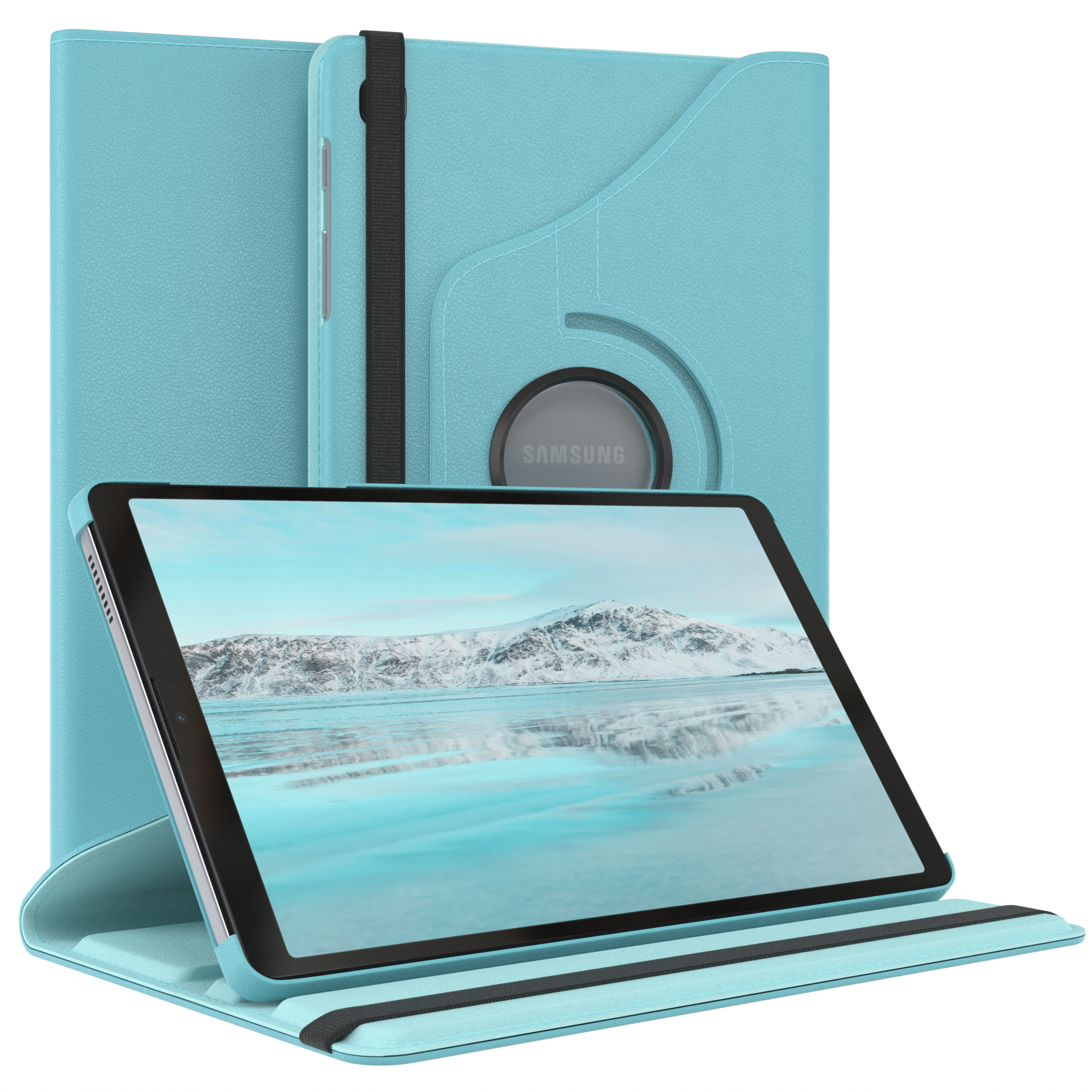 Ein blaues Tablet in einer Schutzhülle, das ein Landschaftsbild auf dem Bildschirm zeigt.