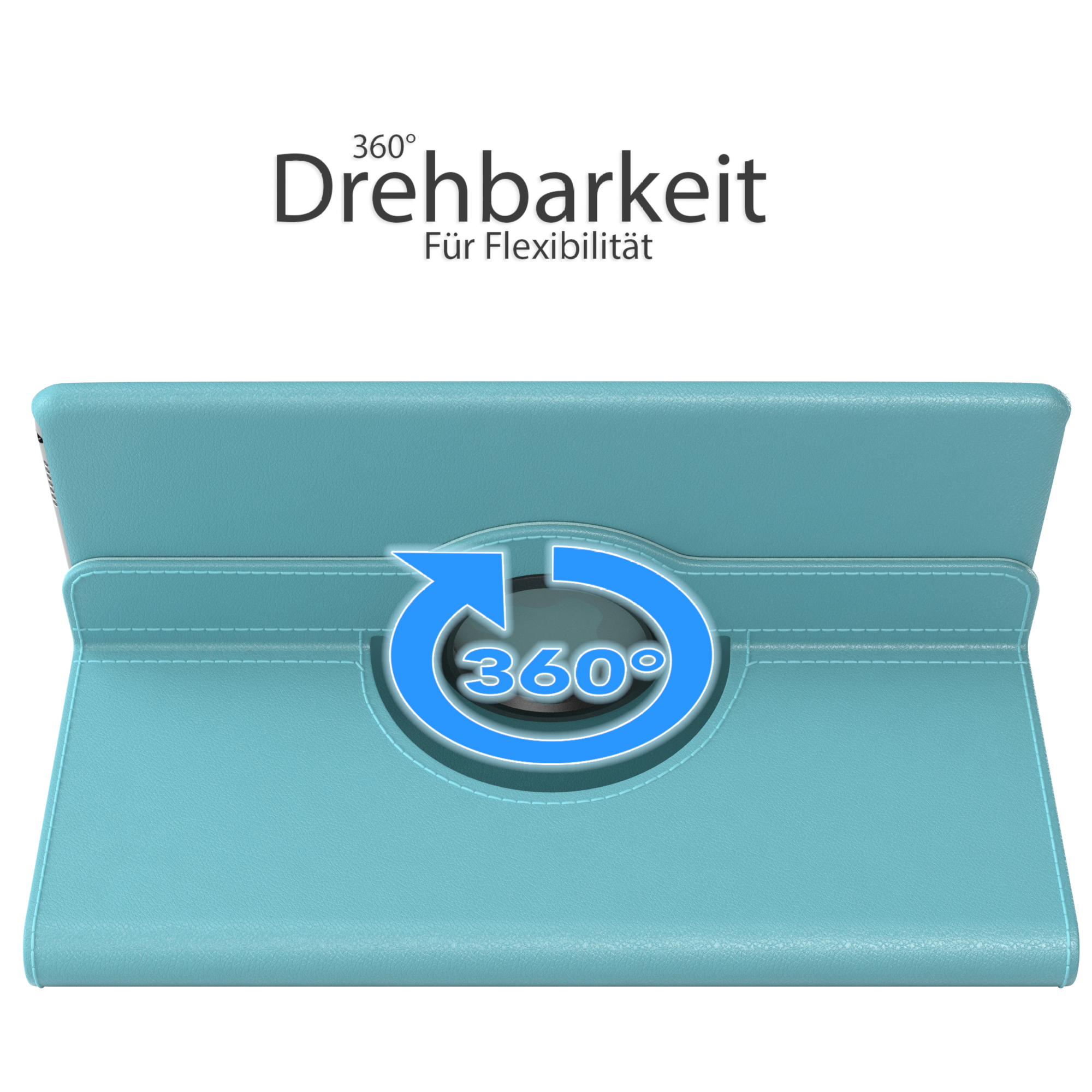Türkisfarbene Tablethülle mit 360-Grad-Drehung, mit dem Text '360° Drehbarkeit'.