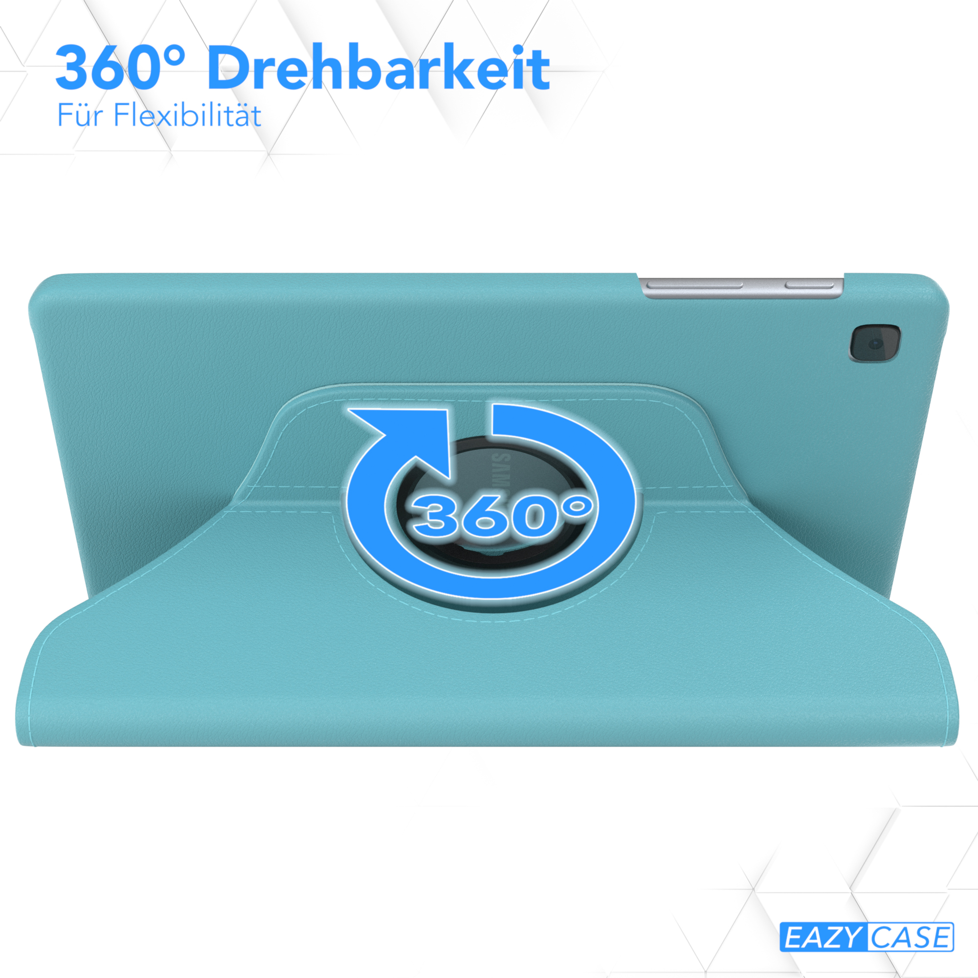 Tablet-Hülle mit blauem Äußeren und drehbarer Rückseite. Rückseite zeigt blaues 360°-Pfeildesign.