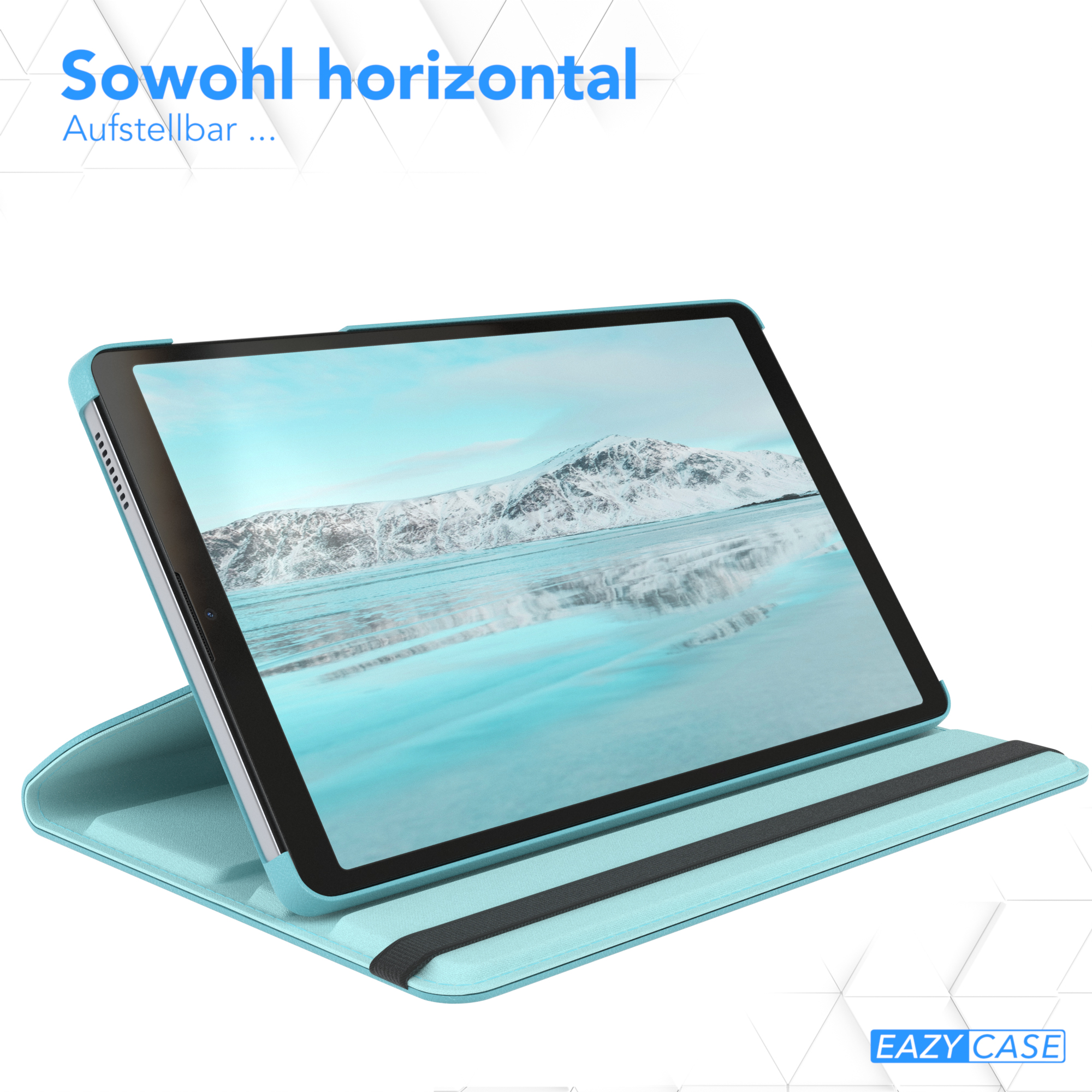 Ein Tablet in einer hellblauen Hülle. Der Bildschirm zeigt eine verschneite Landschaft.