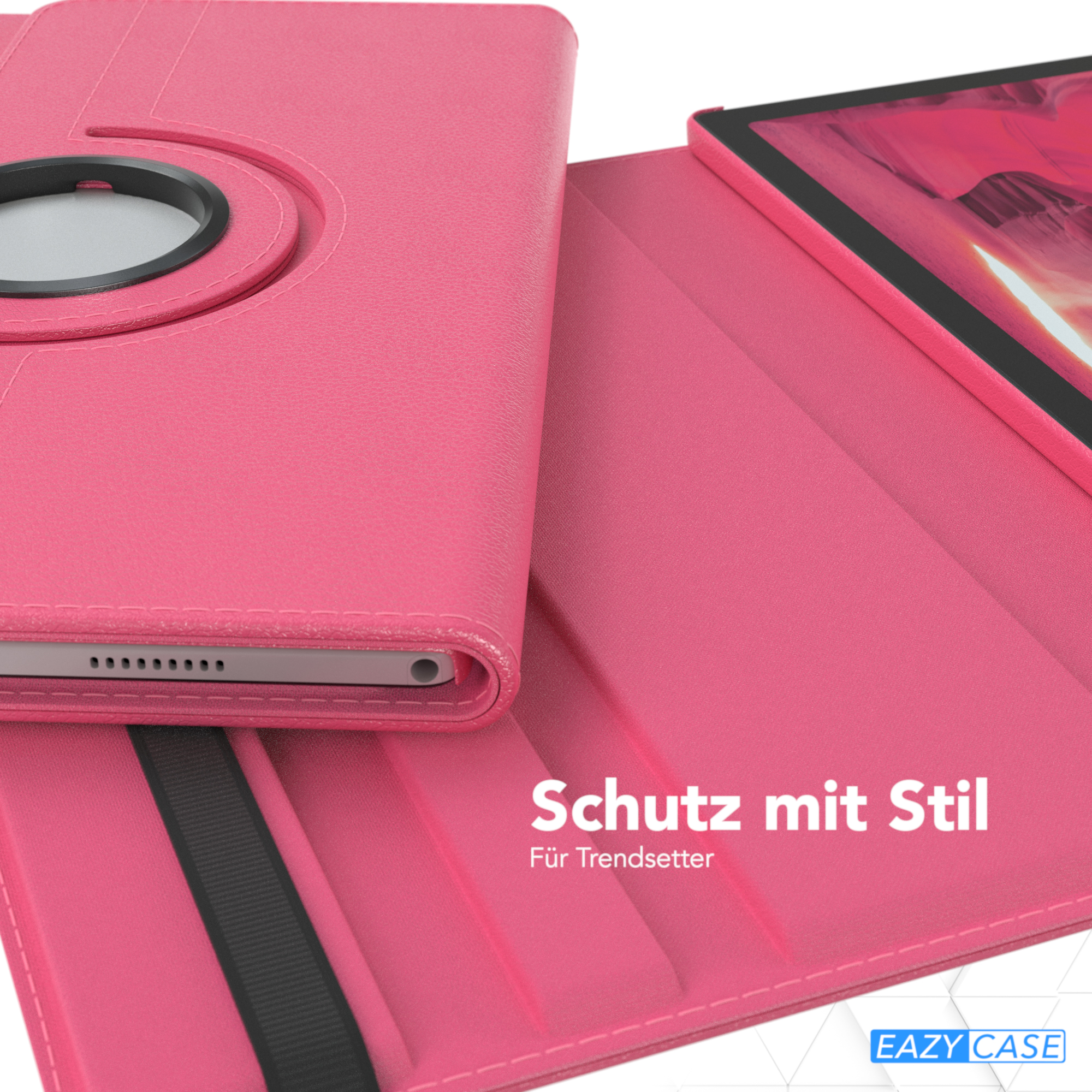 Pinke Tablet-Hülle, offen, Tablet teilweise drin. Text „Schutz mit Stil“ sichtbar.