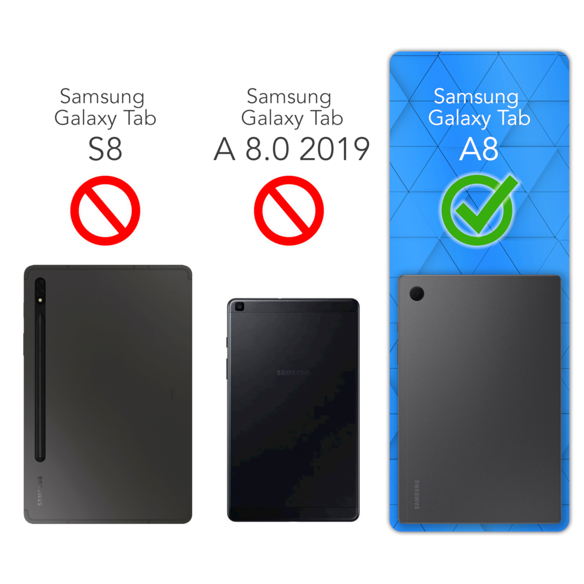 Drei Tablets. Das oberste ist ein Samsung Galaxy Tab A8. Die anderen sind S8 und A 8.0 2019.