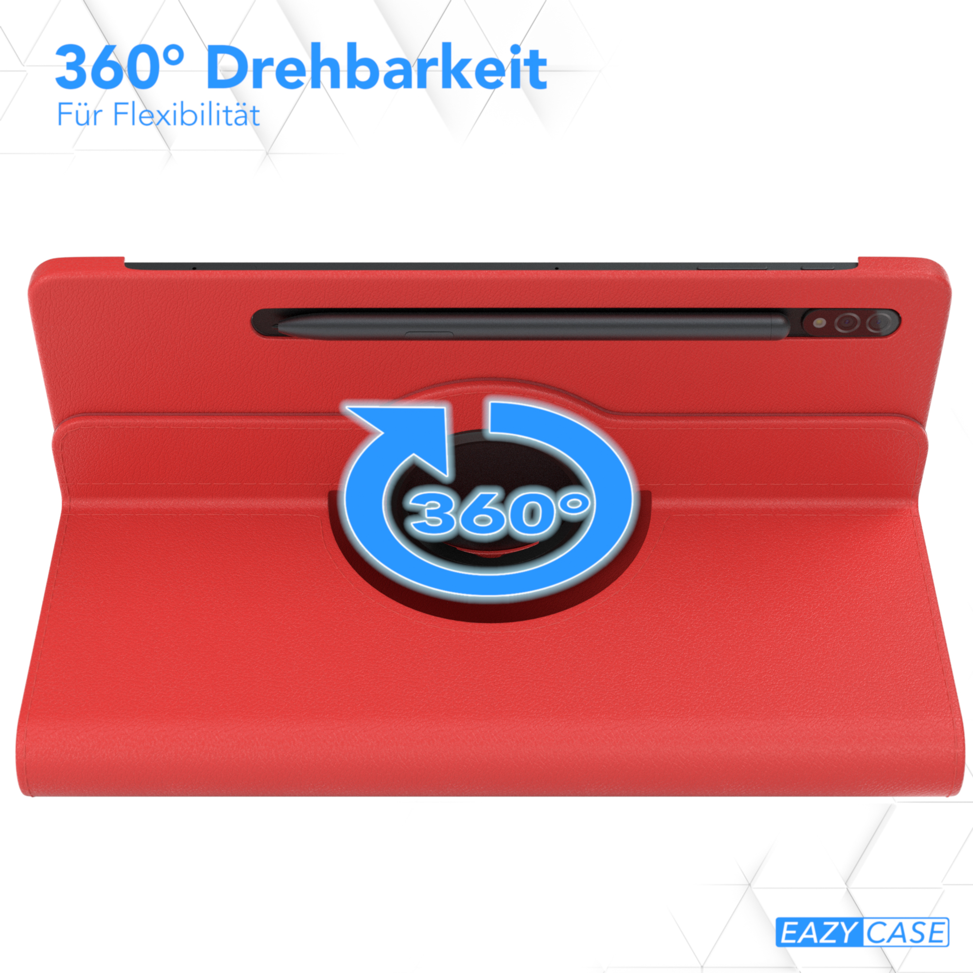 Eine rote Tablet-Hülle mit 360° Drehung, mit einem Stift.