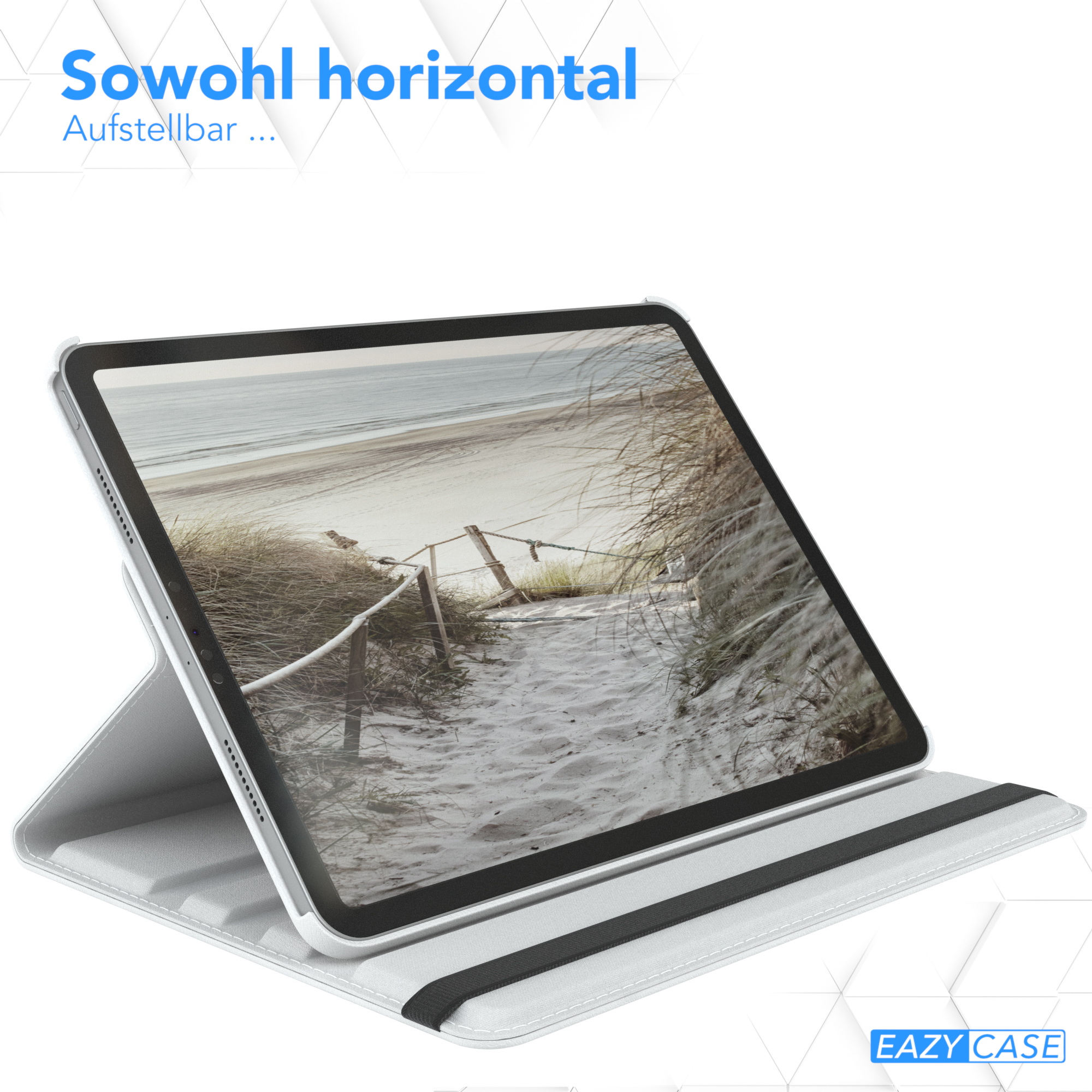 Tablet in weißer Hülle mit Text "Sowohl horizontal Aufstellbar" oben links.