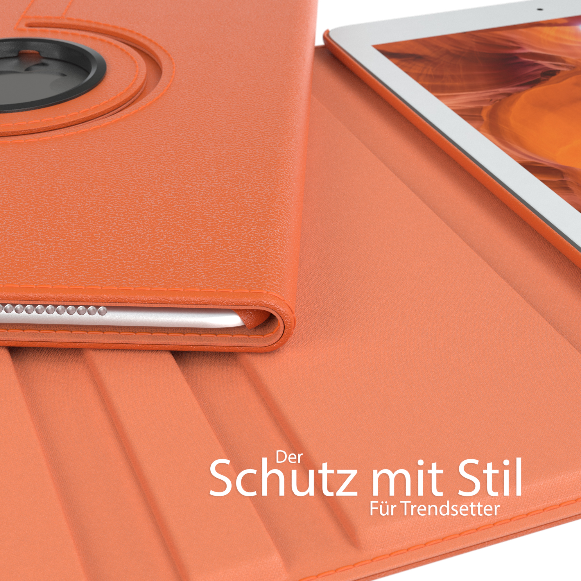 Eine orangefarbene Tablethülle mit einem Tablet darin. Der Text lautet: 'Der Schutz mit Stil'.