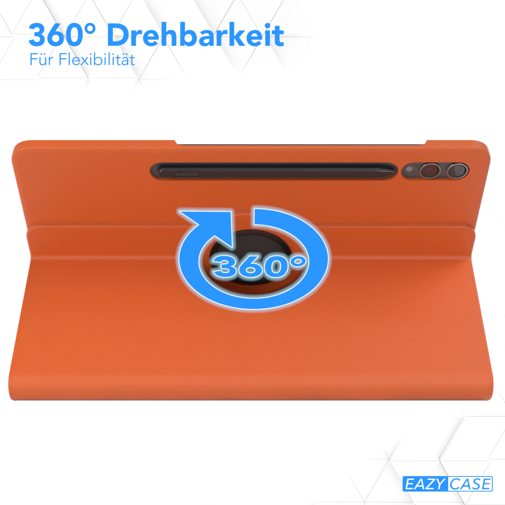 Orangefarbene Tablethülle mit Tablet im Inneren. Die Hülle dreht sich um 360 Grad. Text: 360° Drehbarkeit.