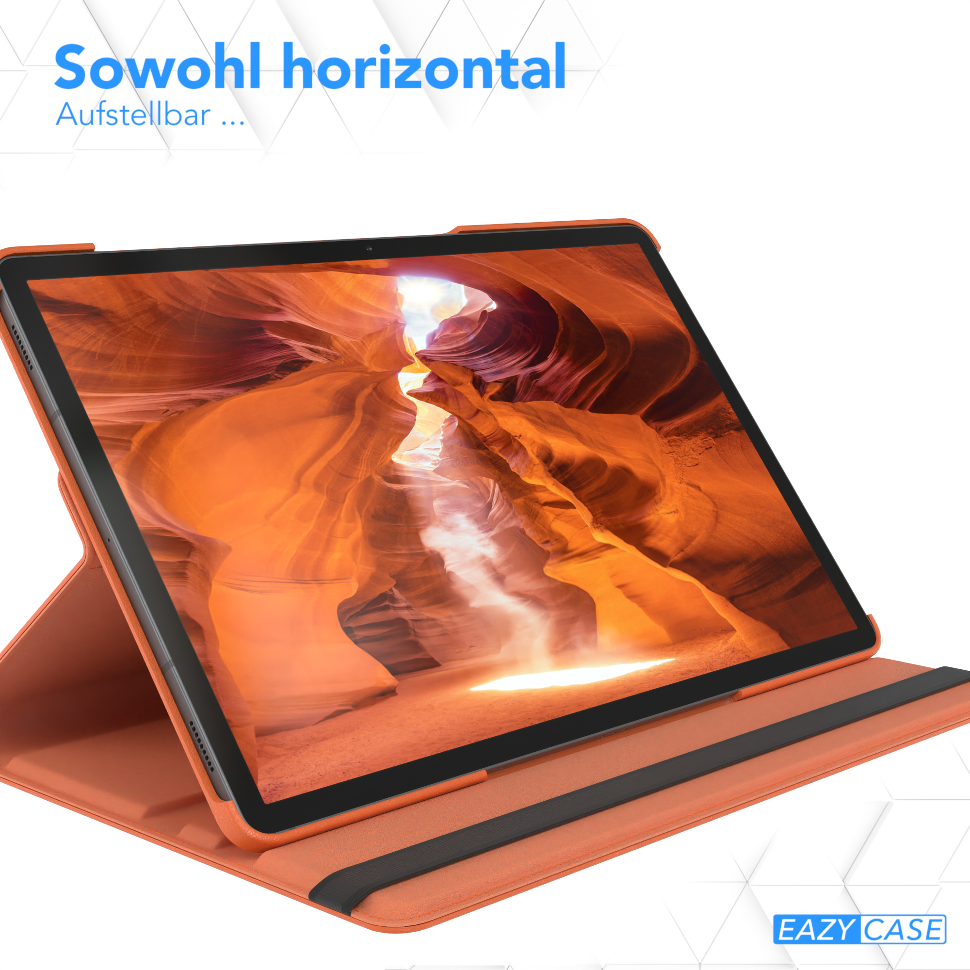 Tablet in brauner Hülle mit Canyonszene. Oben steht 'horizontal'.