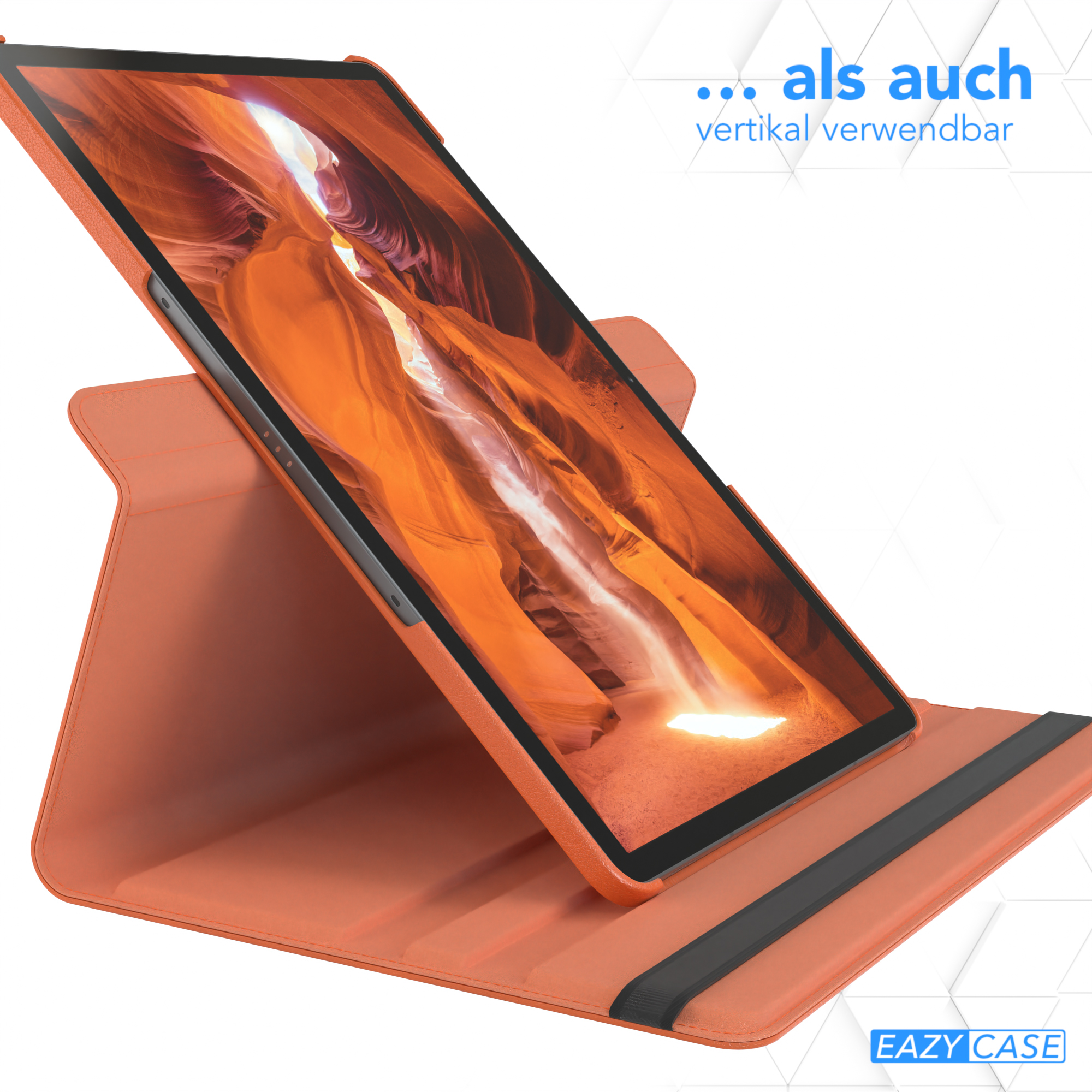 Ein Tablet in einem orangefarbenen Gehäuse, hochgestellt. Text: 'als auch vertikal verwendbar'.