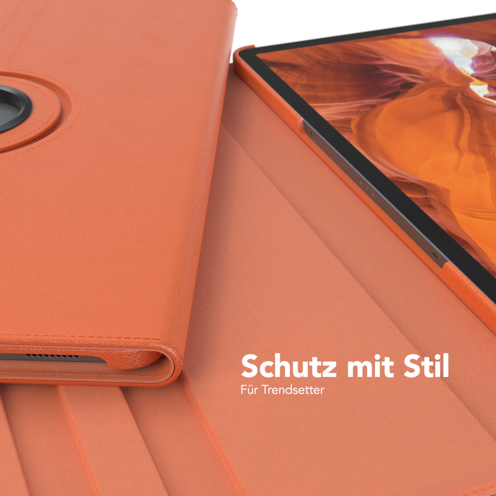 Orangefarbene Tablet-Hülle mit Tablet darin, offen, zeigt den Bildschirm. Text: 'Schutz mit Stil'.