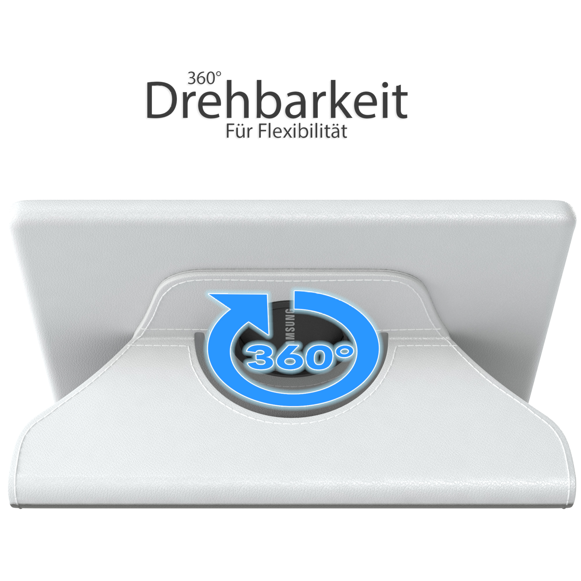 Weiße Tablethülle mit 360-Grad-Drehfunktion. Der Text ist auf Deutsch.