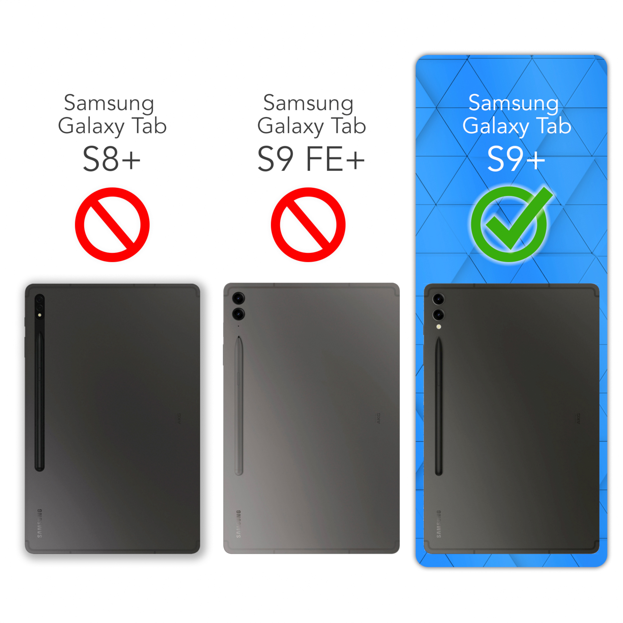 Drei Samsung Galaxy-Tablets. Das S9+ ist grün markiert, S8+ nicht erlaubt und S9 FE+ nicht erlaubt.