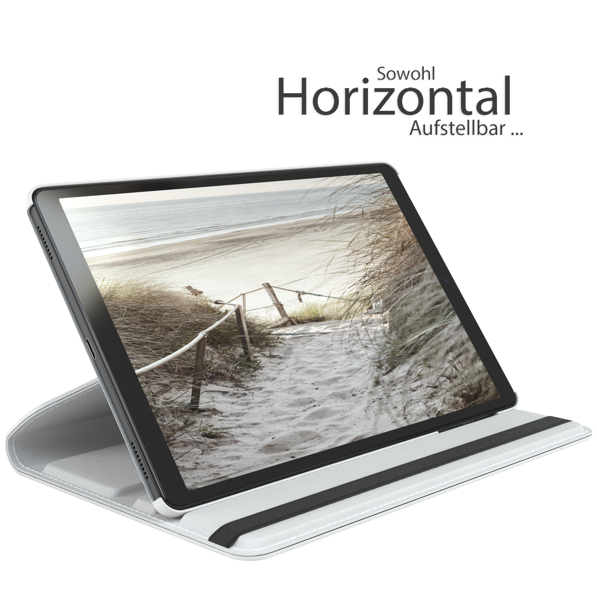 Tablet im Case, Strand zeigt. Weißer Hintergrund. Text: Horizontal.