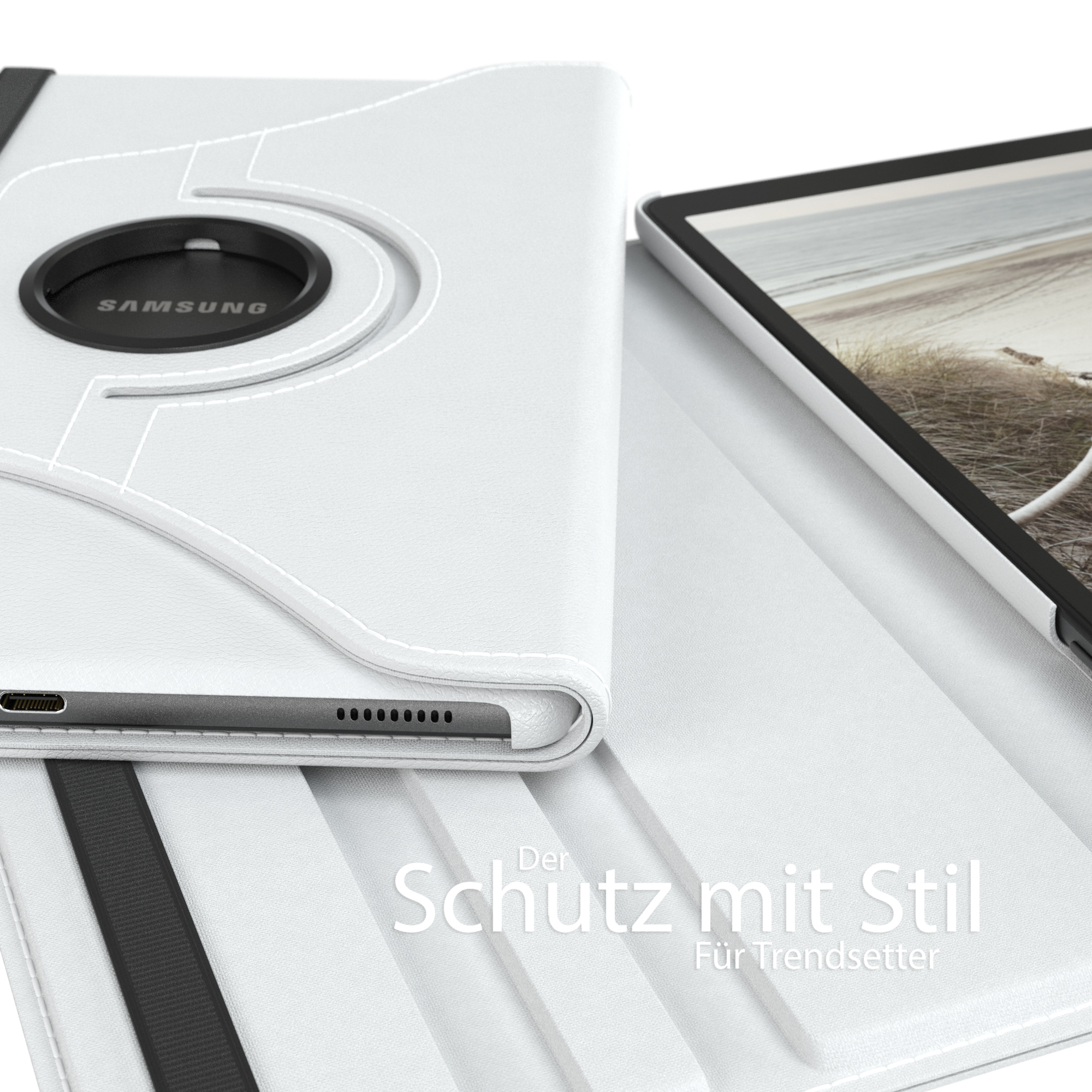 Weiß-silberne Tablethülle. Samsung Logo sichtbar. Text: Der Schutz mit Stil Für Trendsetter.