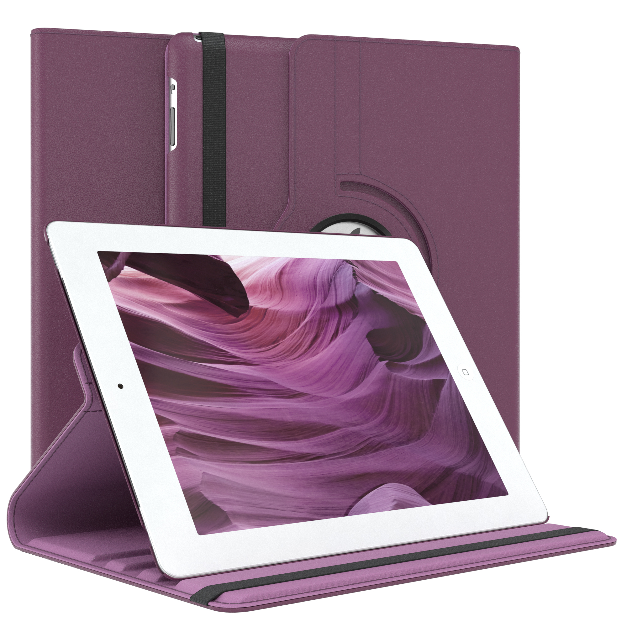 Lila Tablet in einer Hülle, Querformat, und ein weißer Hintergrund. Die Hülle ist geöffnet, Bildschirm sichtbar.