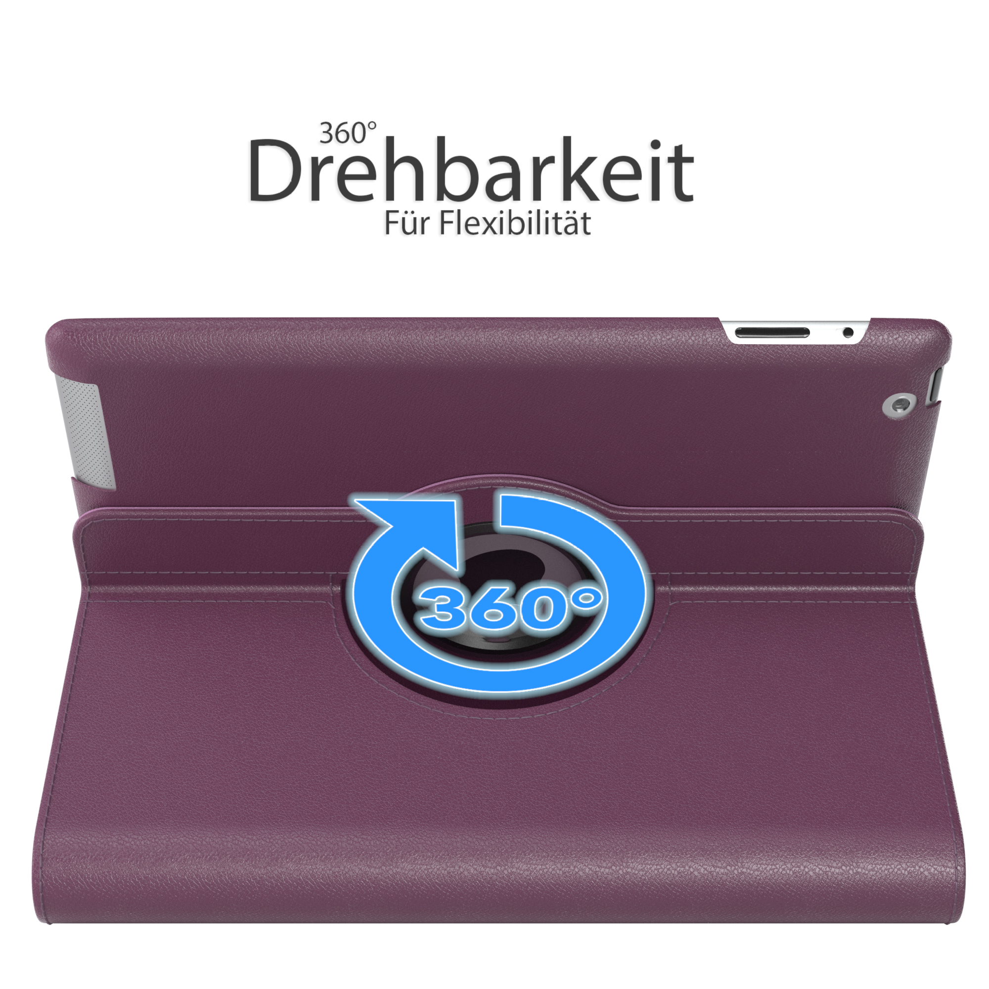 Lila Tablet-Hülle mit einem 360-Grad-Drehsymbol.